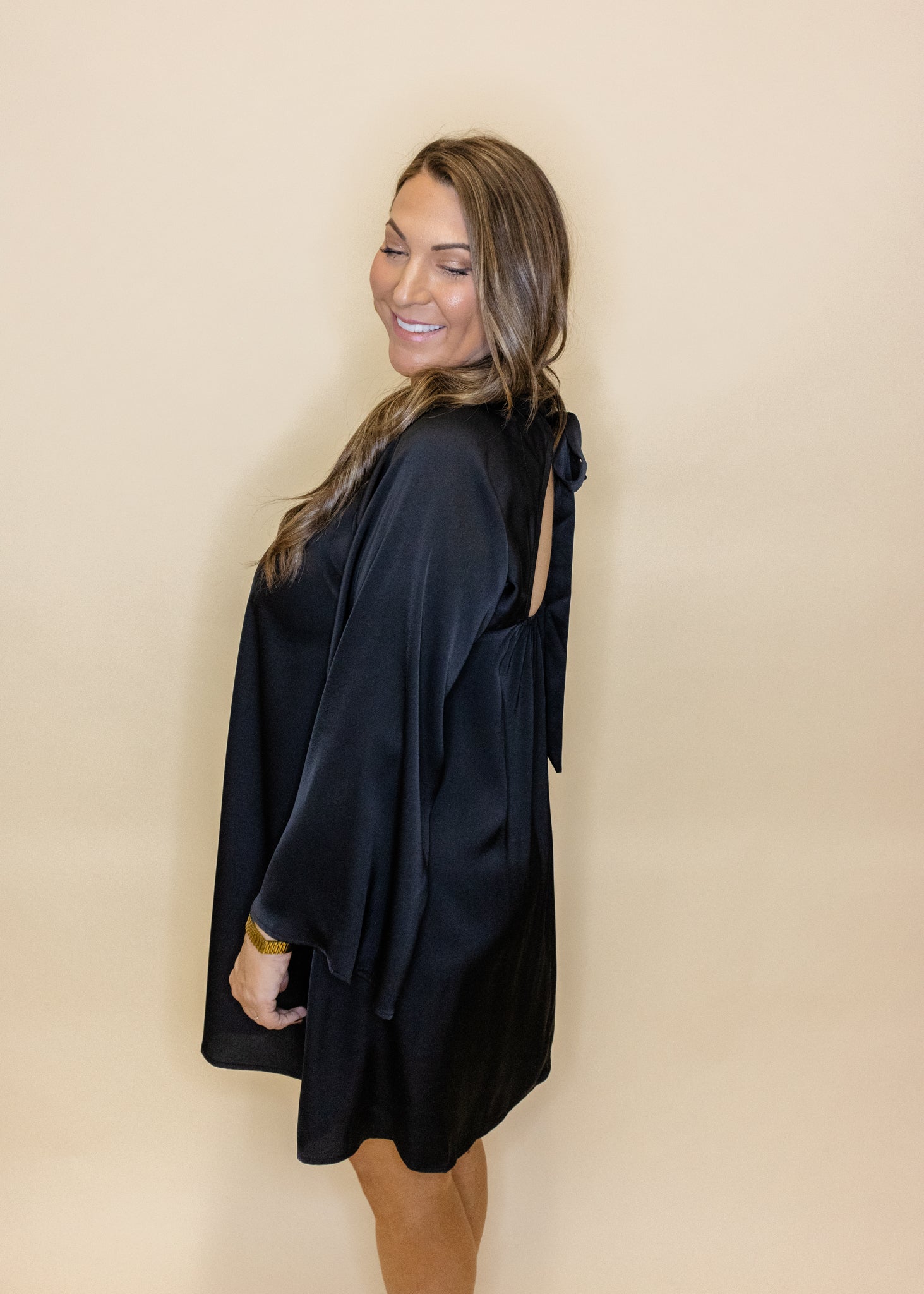 Black Satin Flowy Sleeve Dress