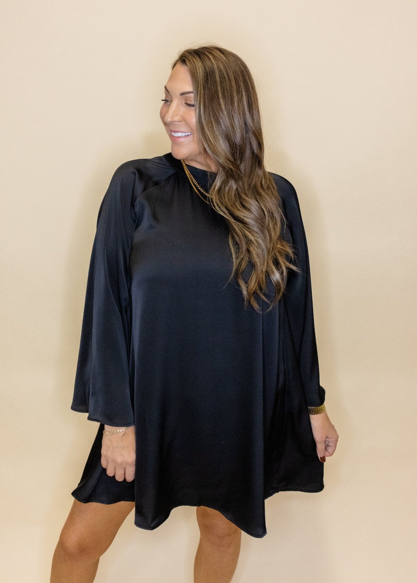 Black Satin Flowy Sleeve Dress