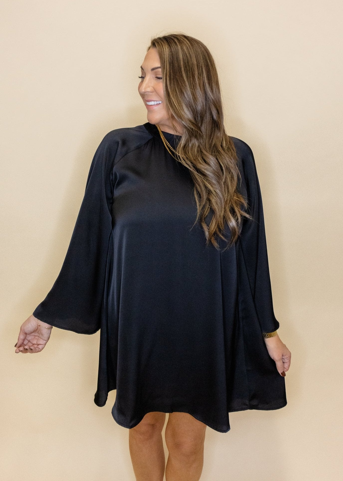 Black Satin Flowy Sleeve Dress