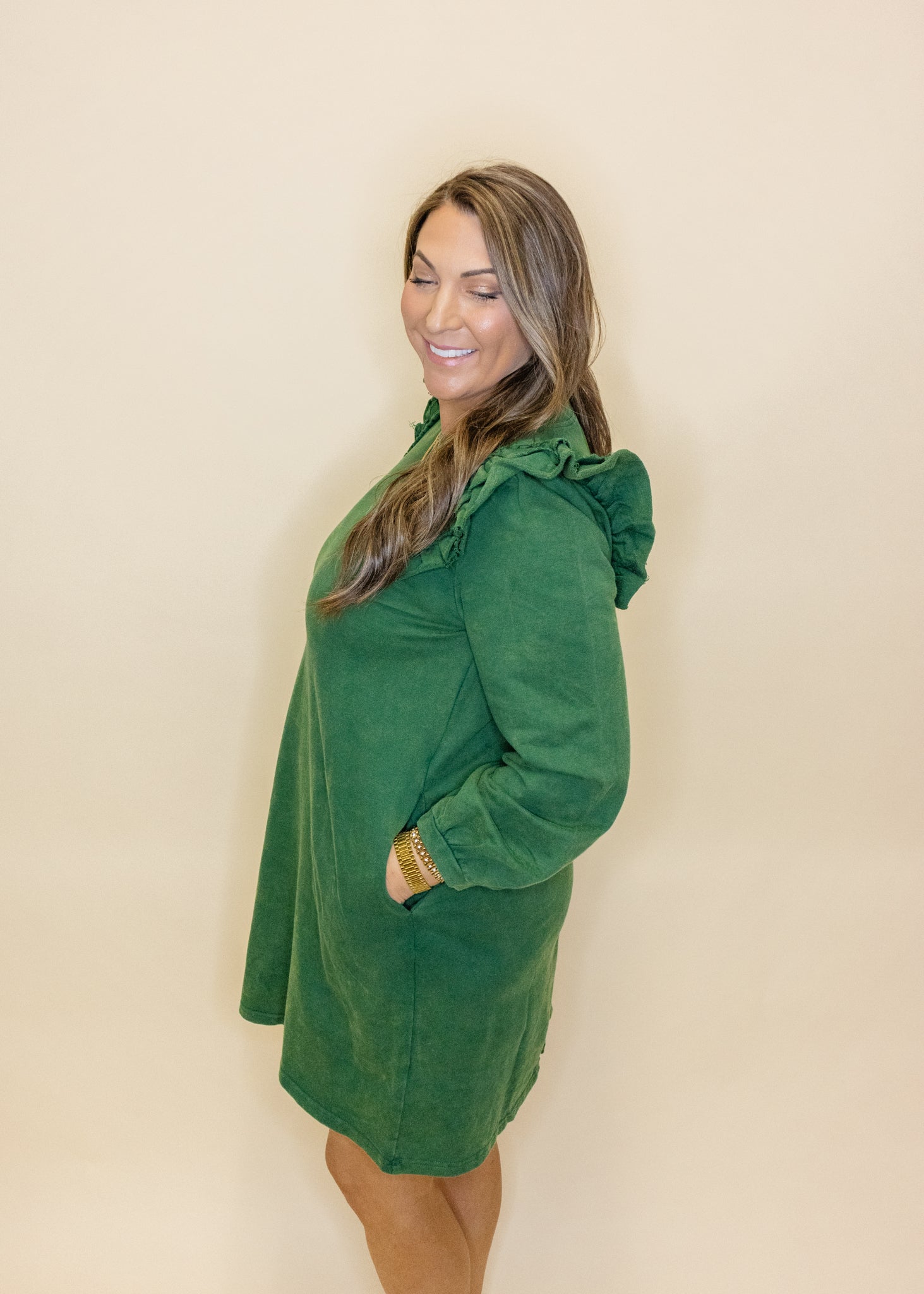 Hunter Green Frill Sleeve Dress