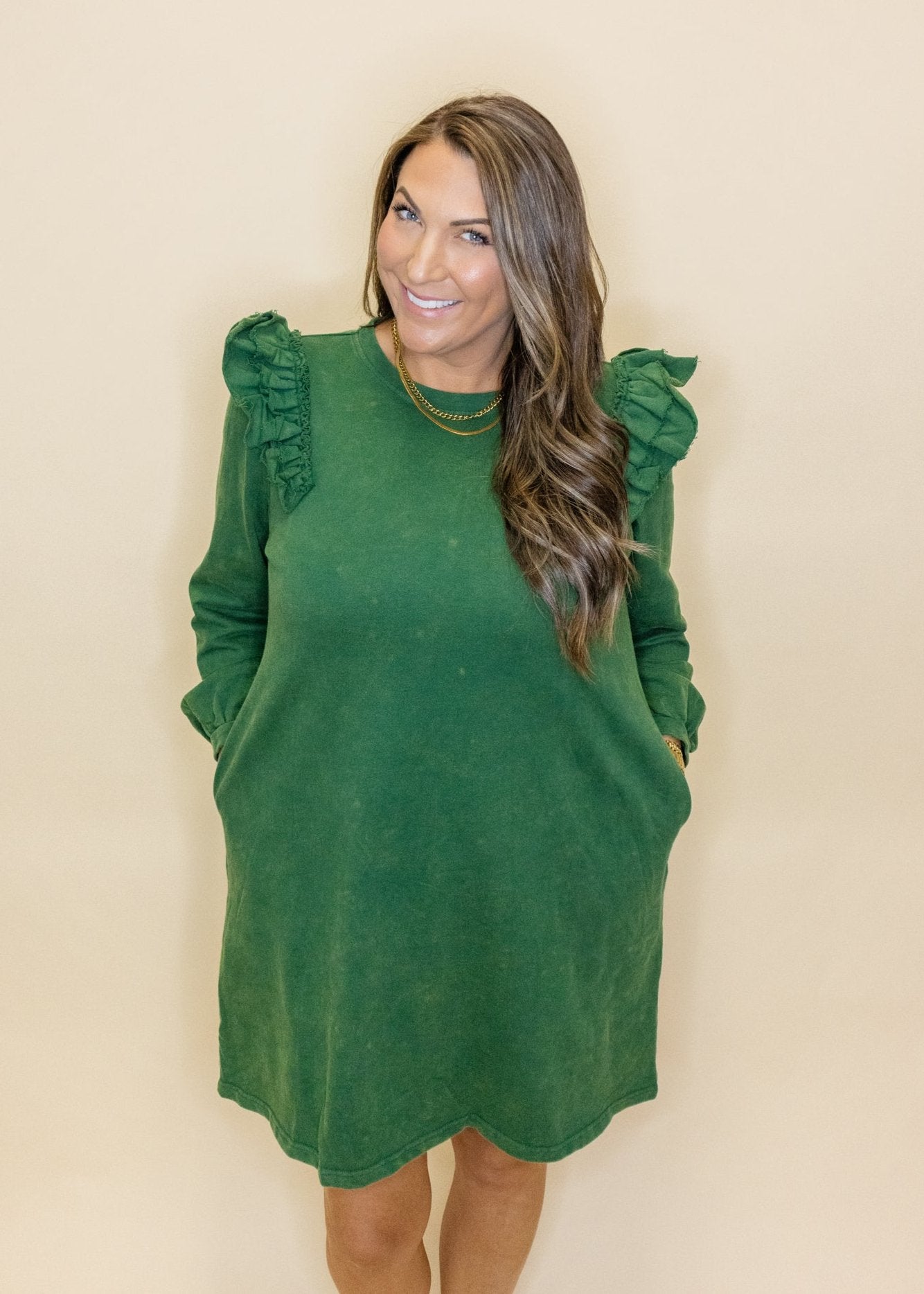 Hunter Green Frill Sleeve Dress