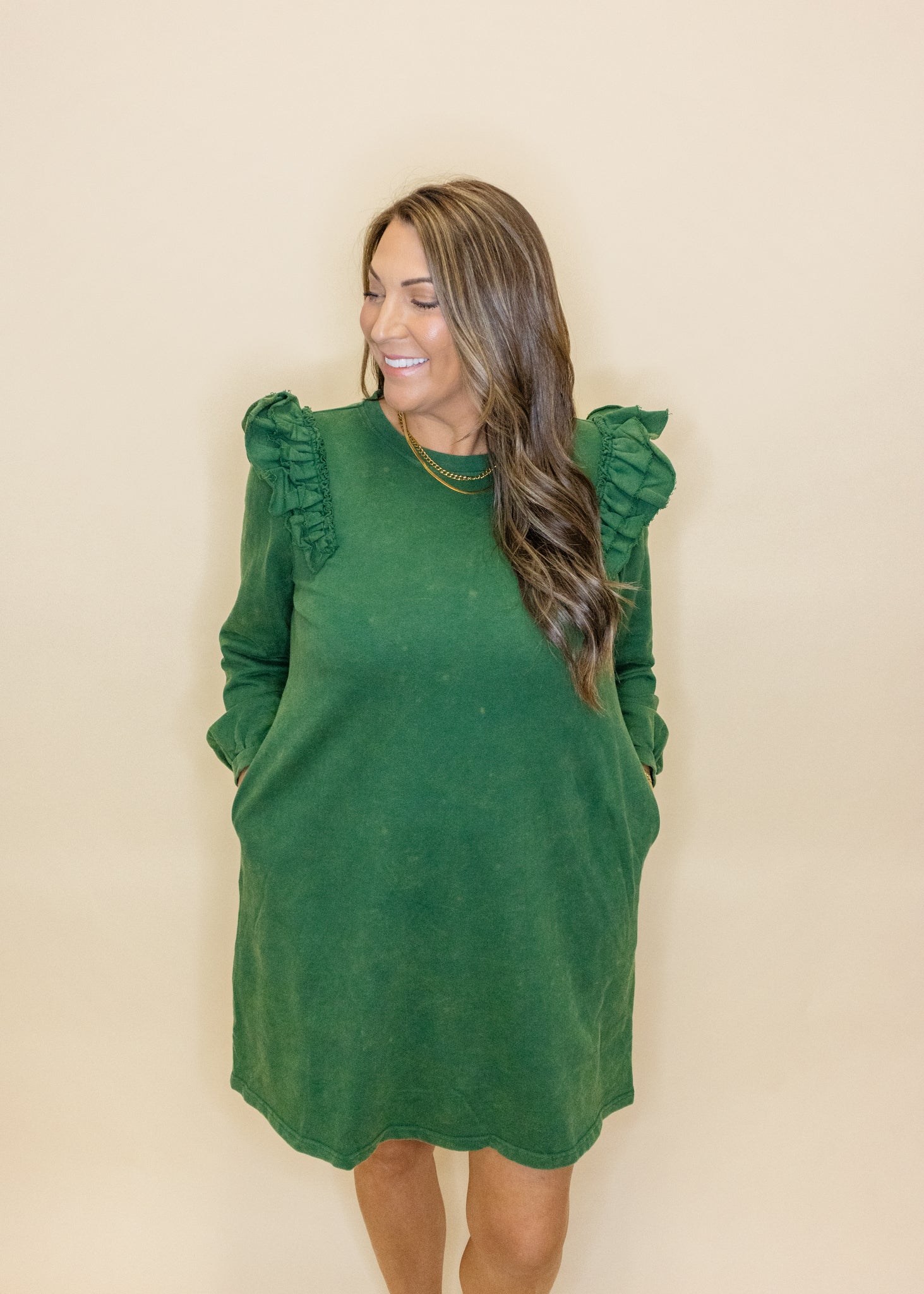 Hunter Green Frill Sleeve Dress