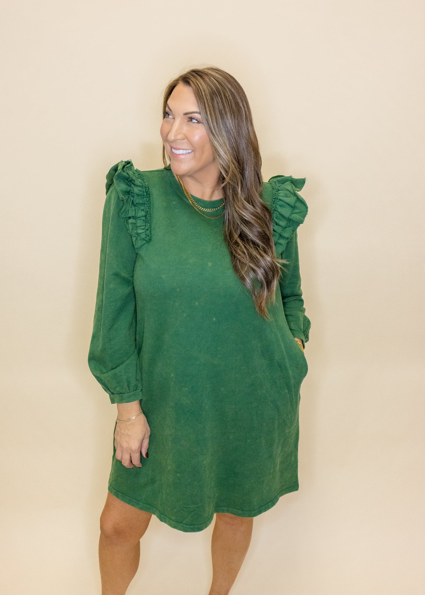 Hunter Green Frill Sleeve Dress