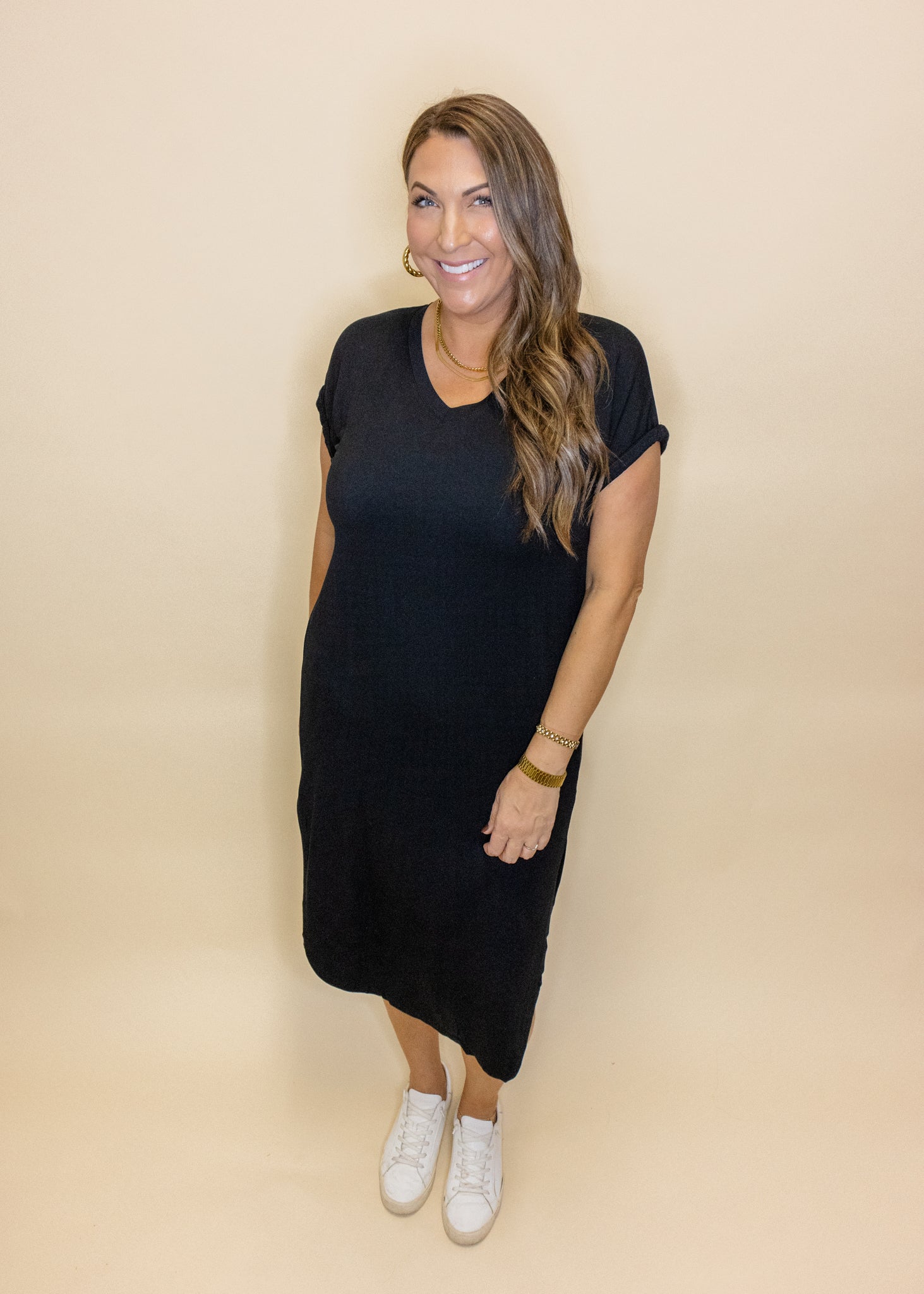 Black Soft V-Neck Midi Dress