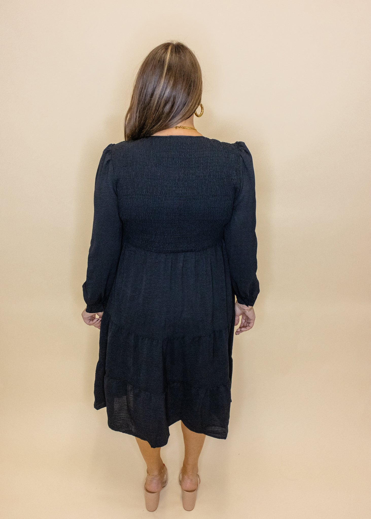 Black Smocked Tiered Midi Dress