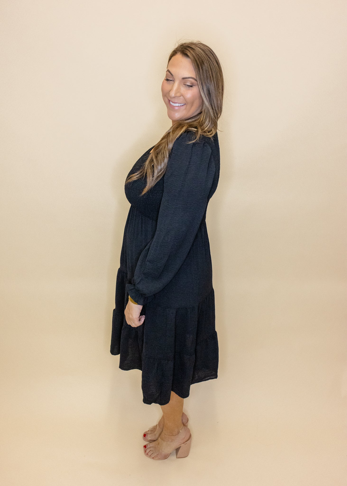 Black Smocked Tiered Midi Dress