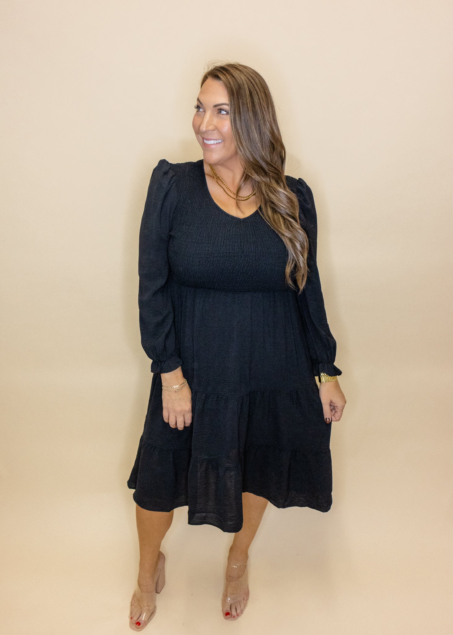 Black Smocked Tiered Midi Dress