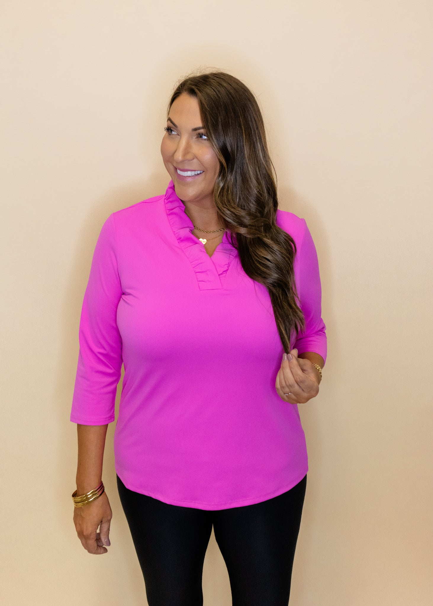 Hot Pink Tabatha Ruffle Neck Top