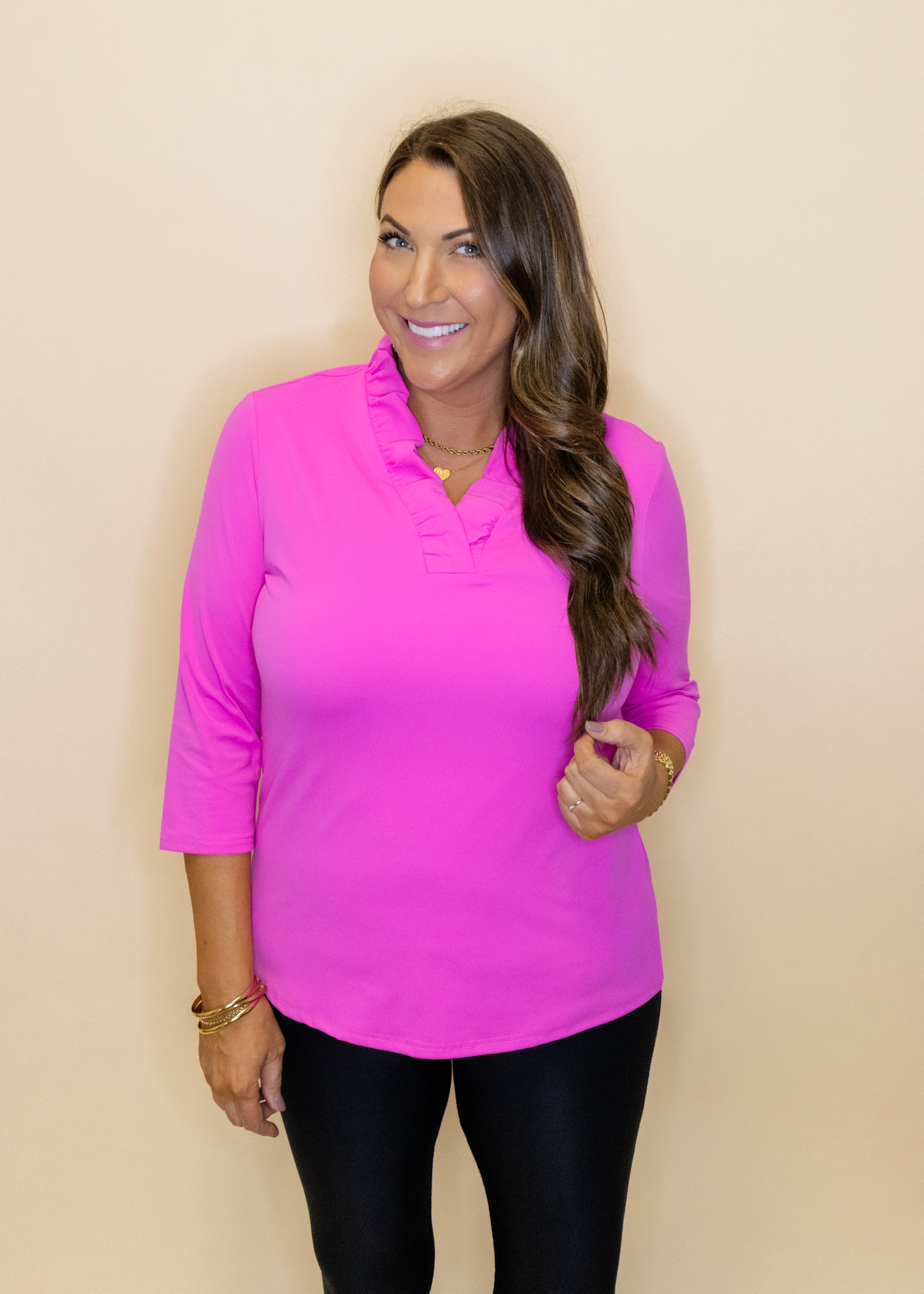 Hot Pink Tabatha Ruffle Neck Top