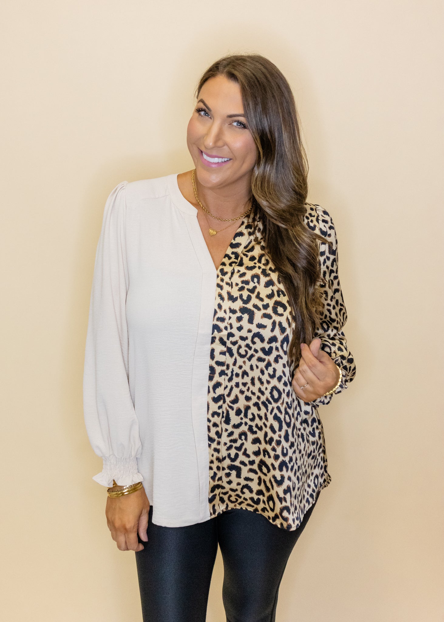 Oatmeal Leopard Color Block Top