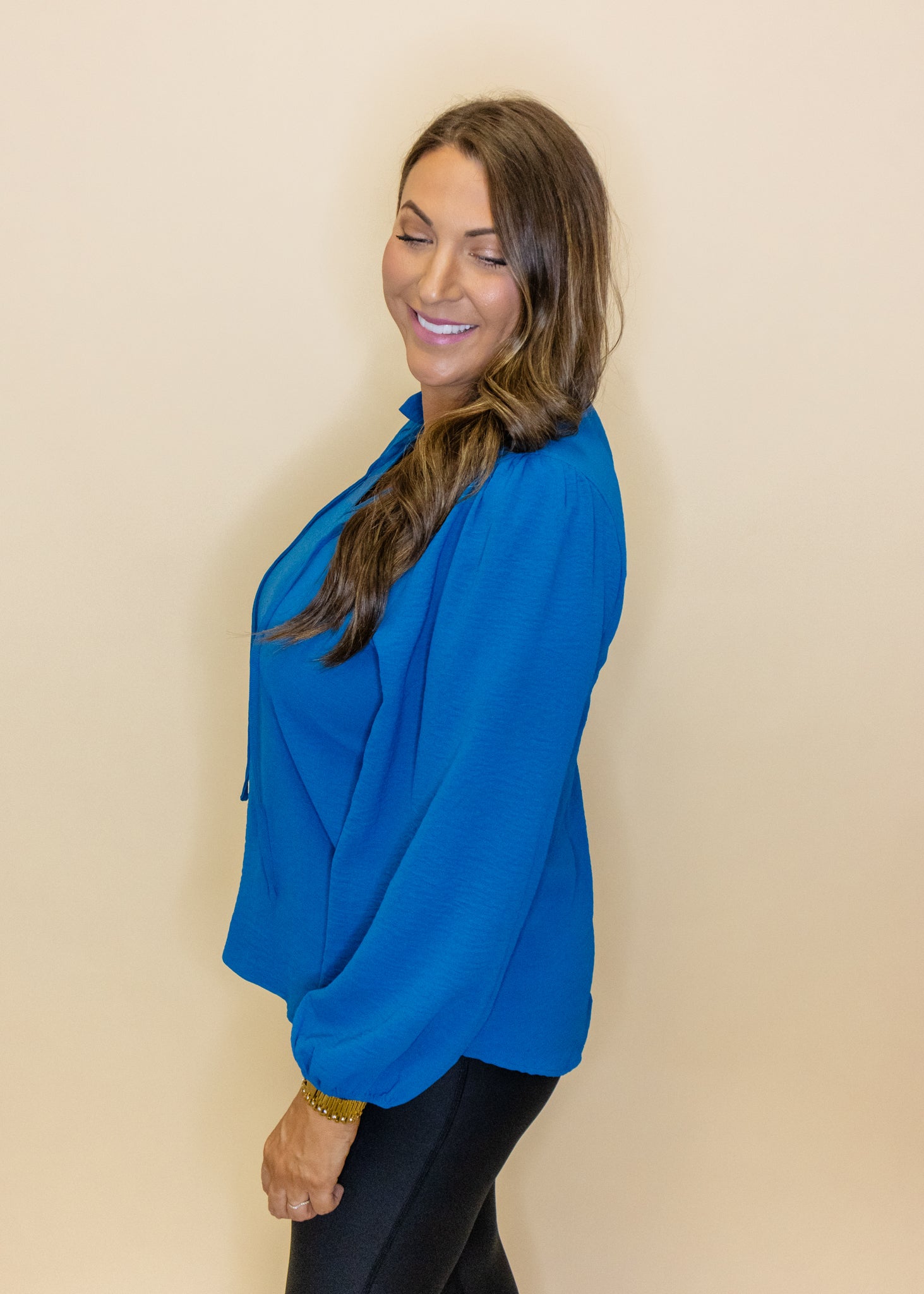 Teal Solid Tie Neck Top