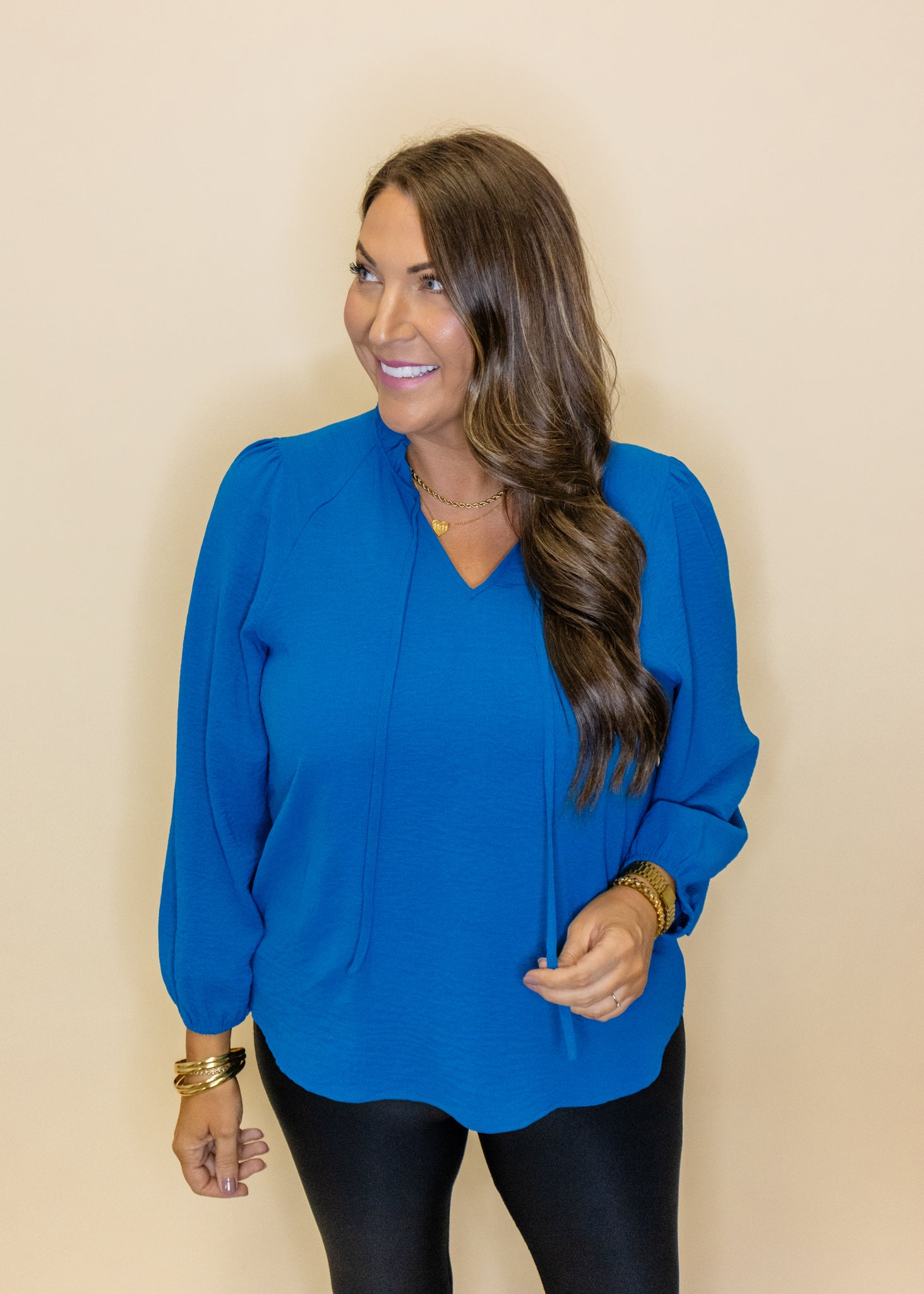 Teal Solid Tie Neck Top