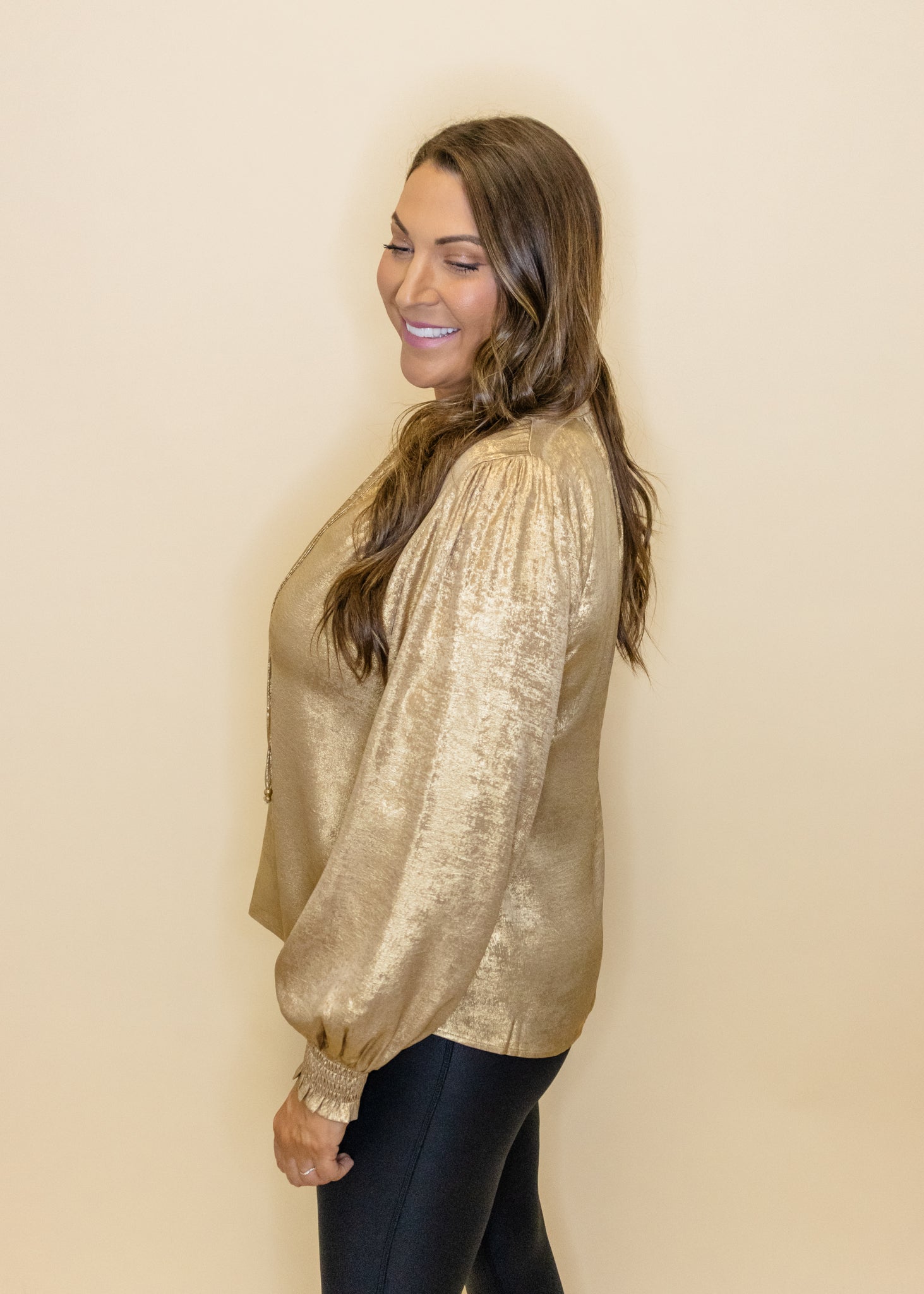 Gold Metallic Smocked Sleeve Top