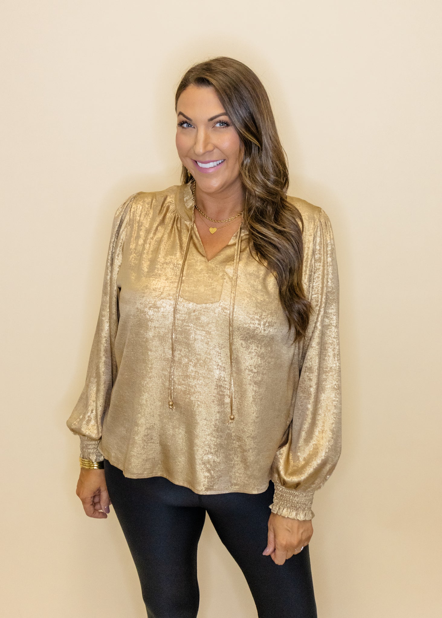 Gold Metallic Smocked Sleeve Top