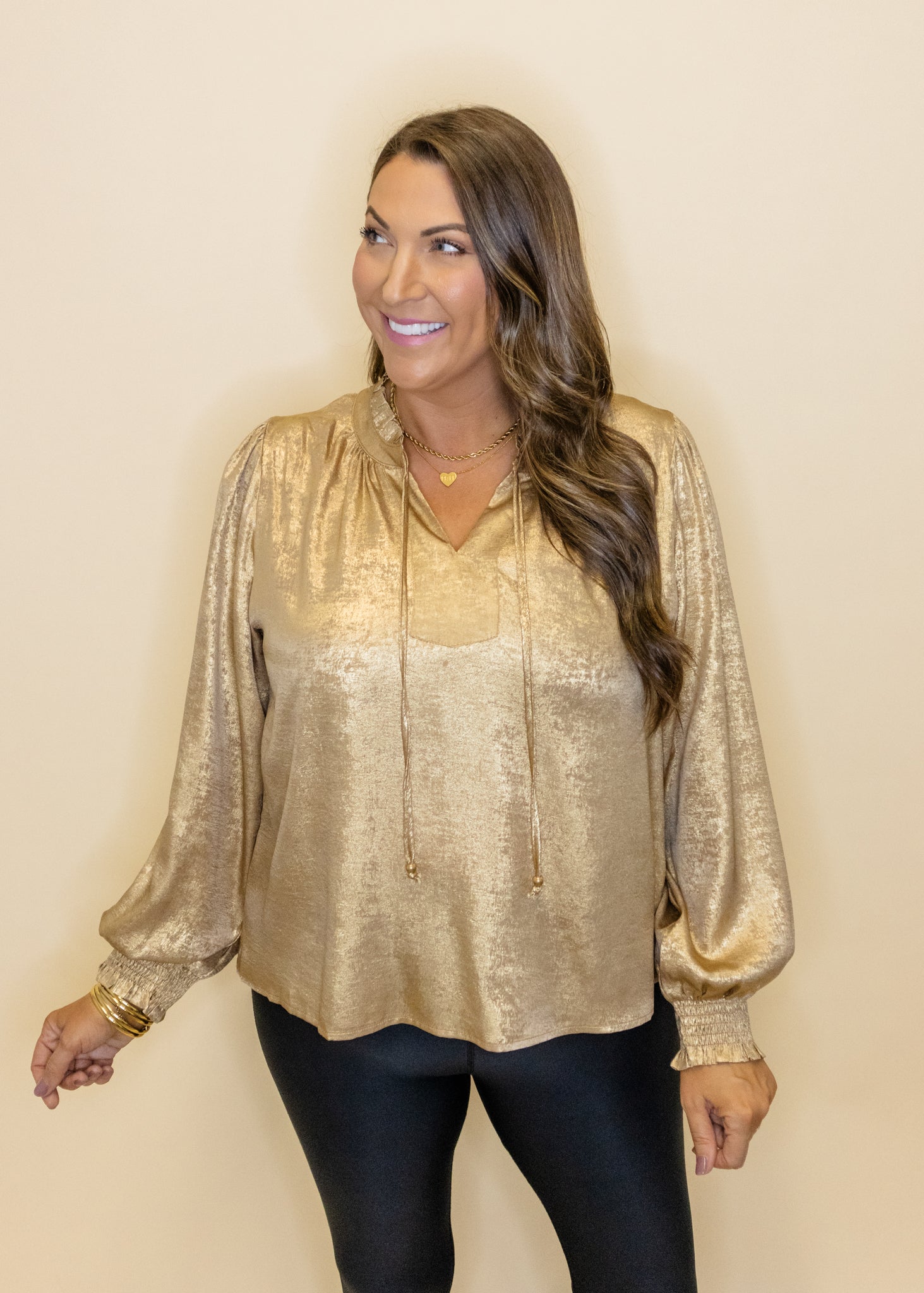 Gold Metallic Smocked Sleeve Top