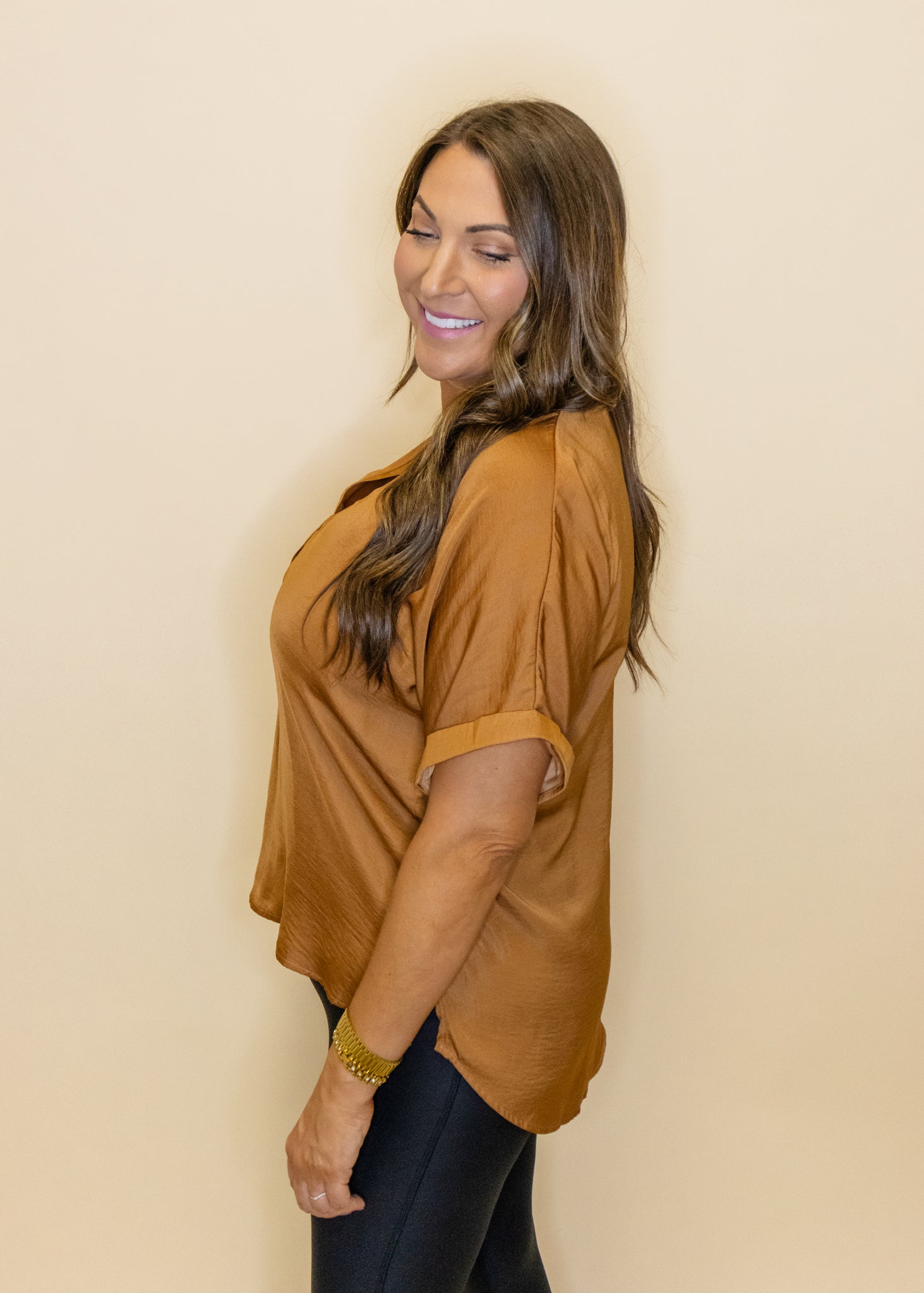 Camel Satin V-Neck Top