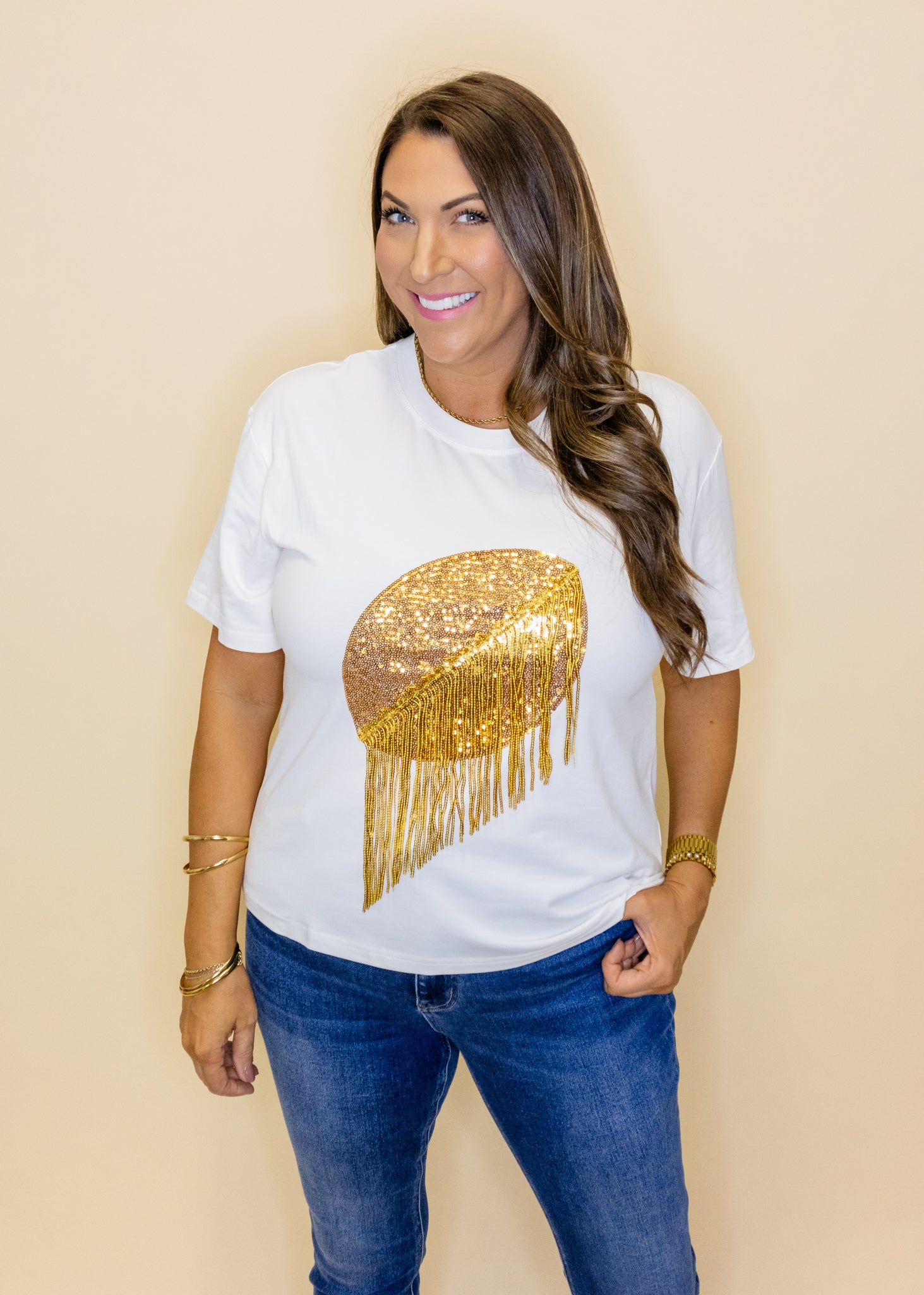 White & Gold Sequin Football Top