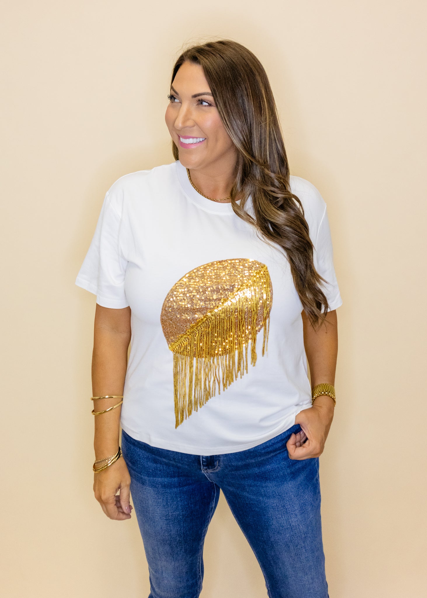 White & Gold Sequin Football Top