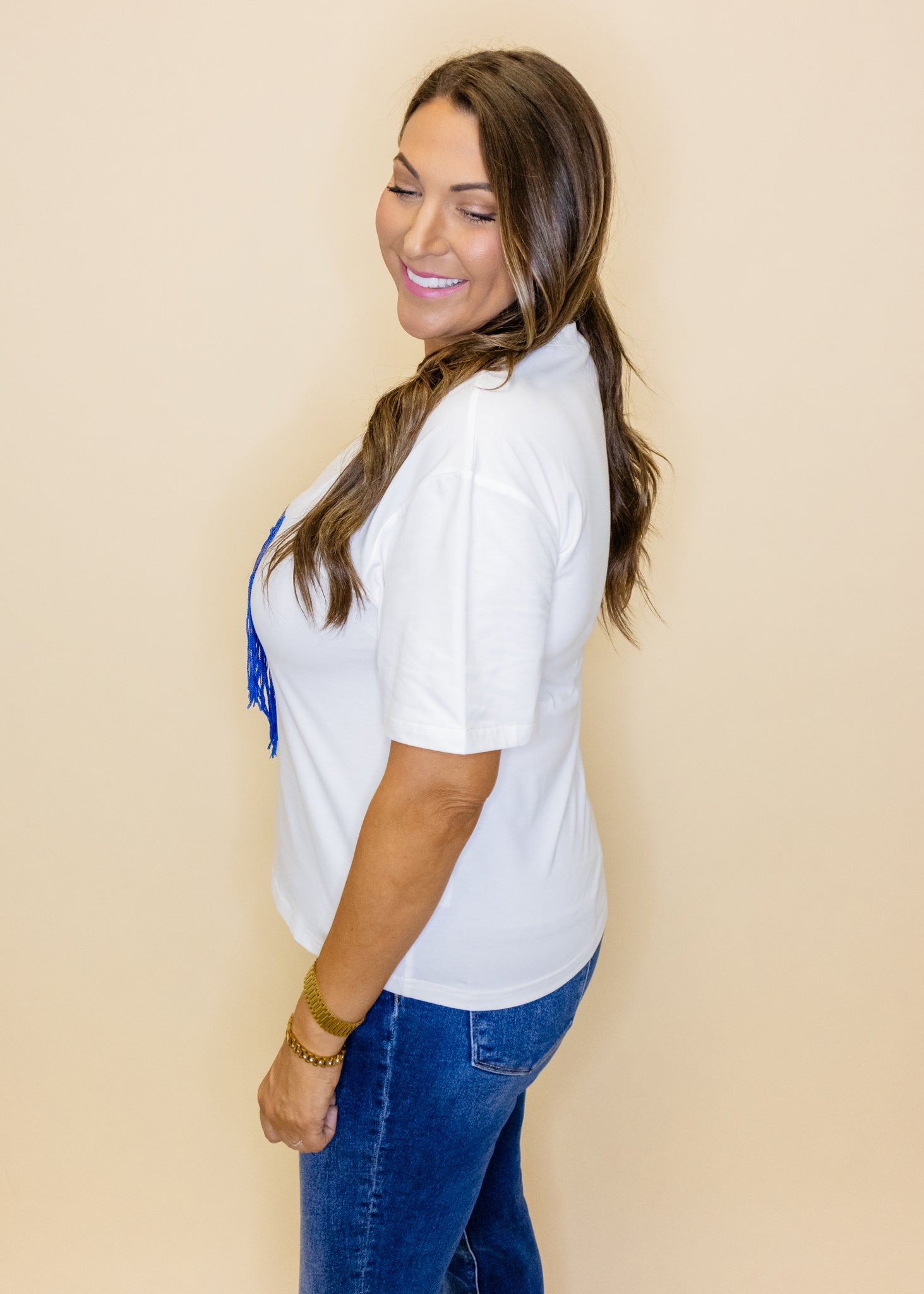 White & Blue Sequin Football Top