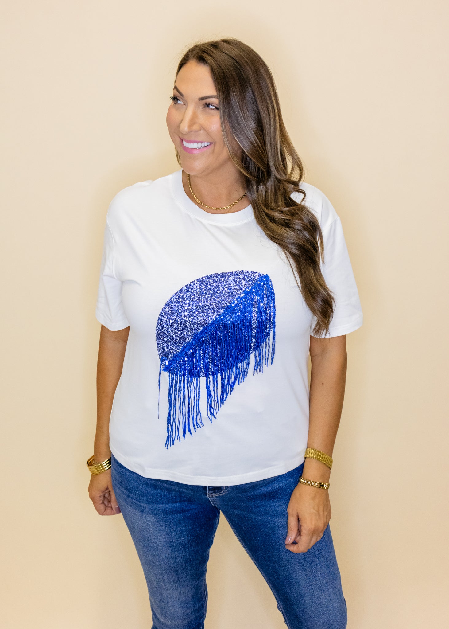 White & Blue Sequin Football Top