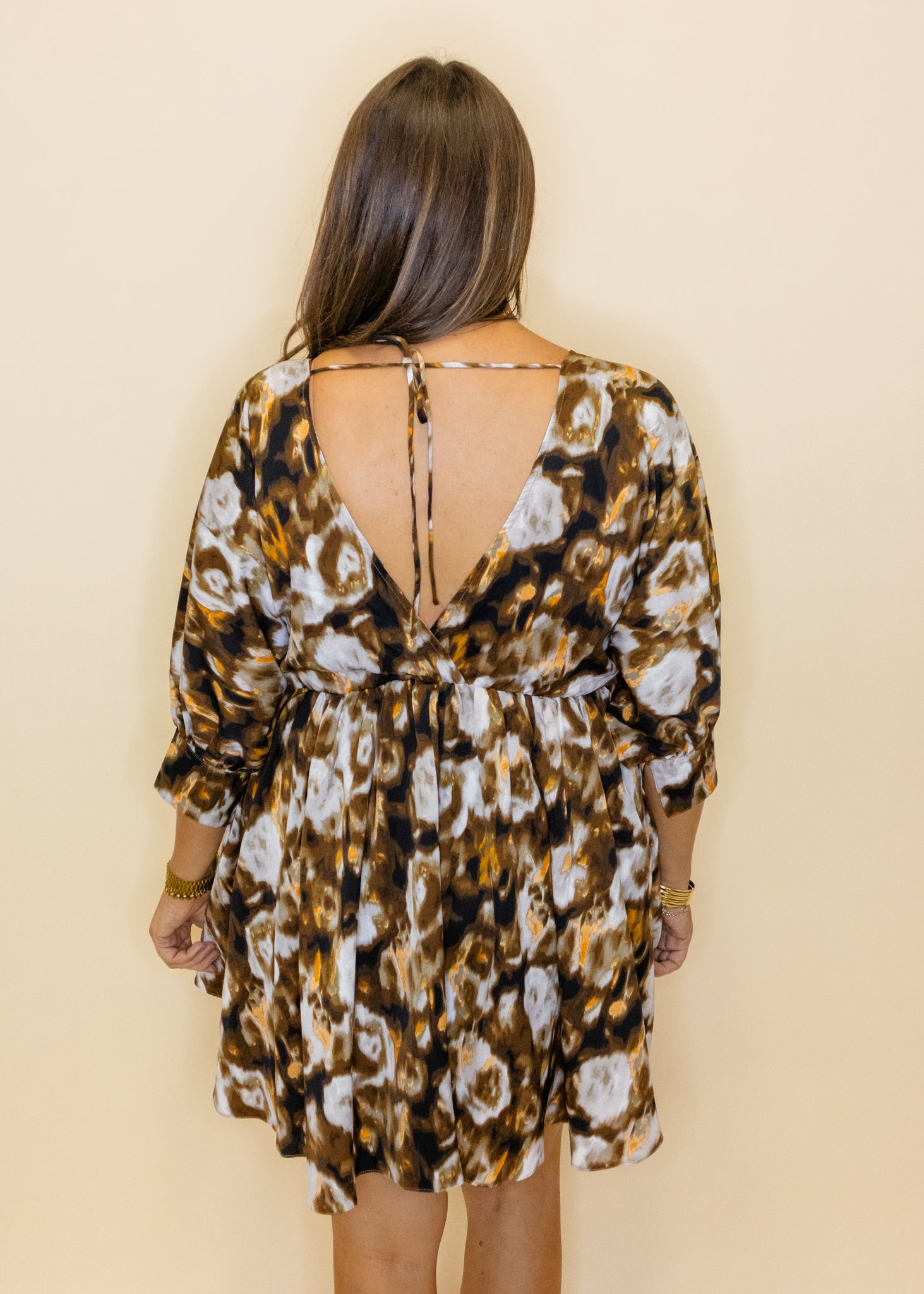 Brown Double V Print Dress