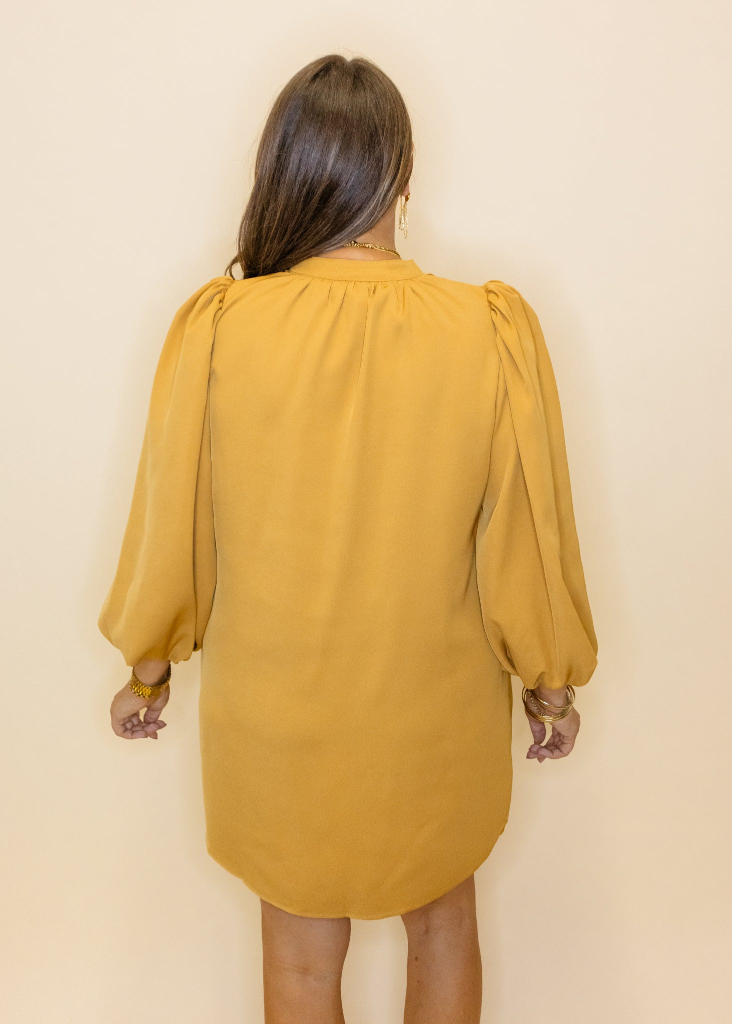 Mustard Solid Balloon Sleeve Dress