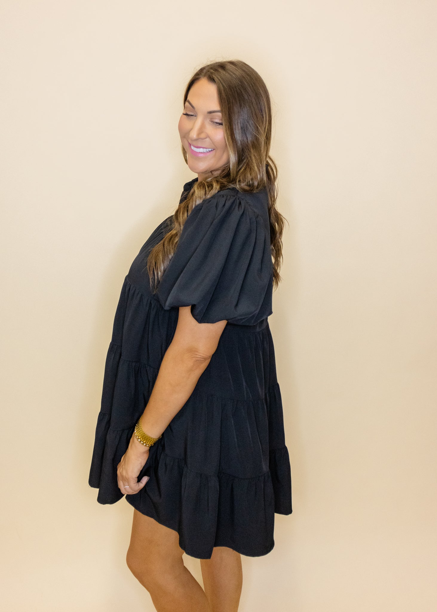 Black Puff Sleeve Button Dress