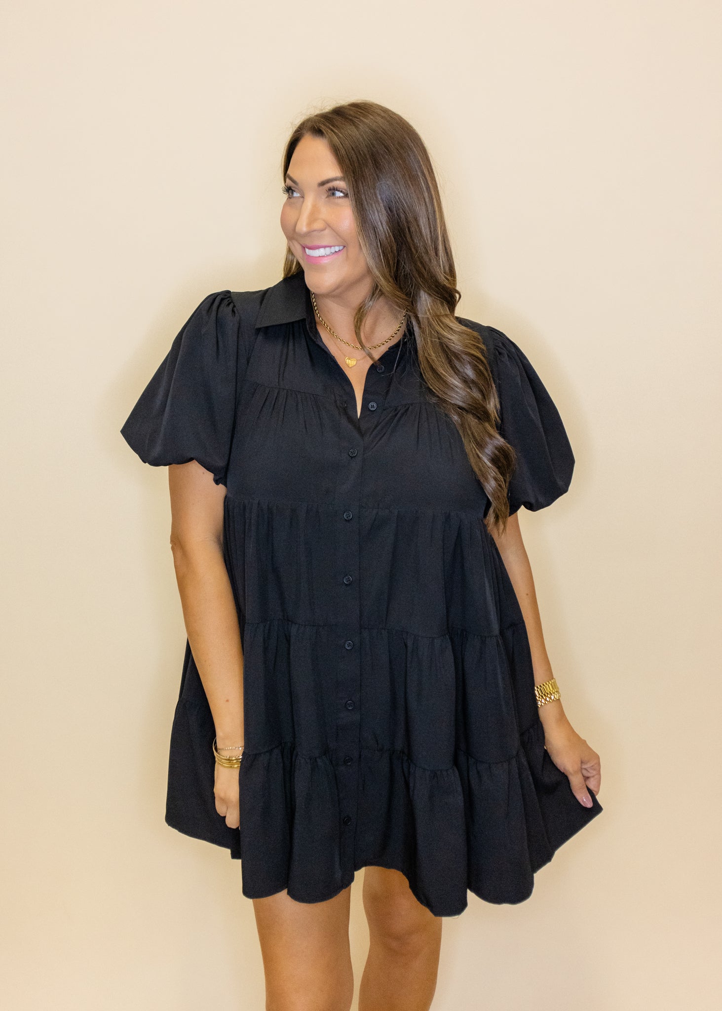 Black Puff Sleeve Button Dress