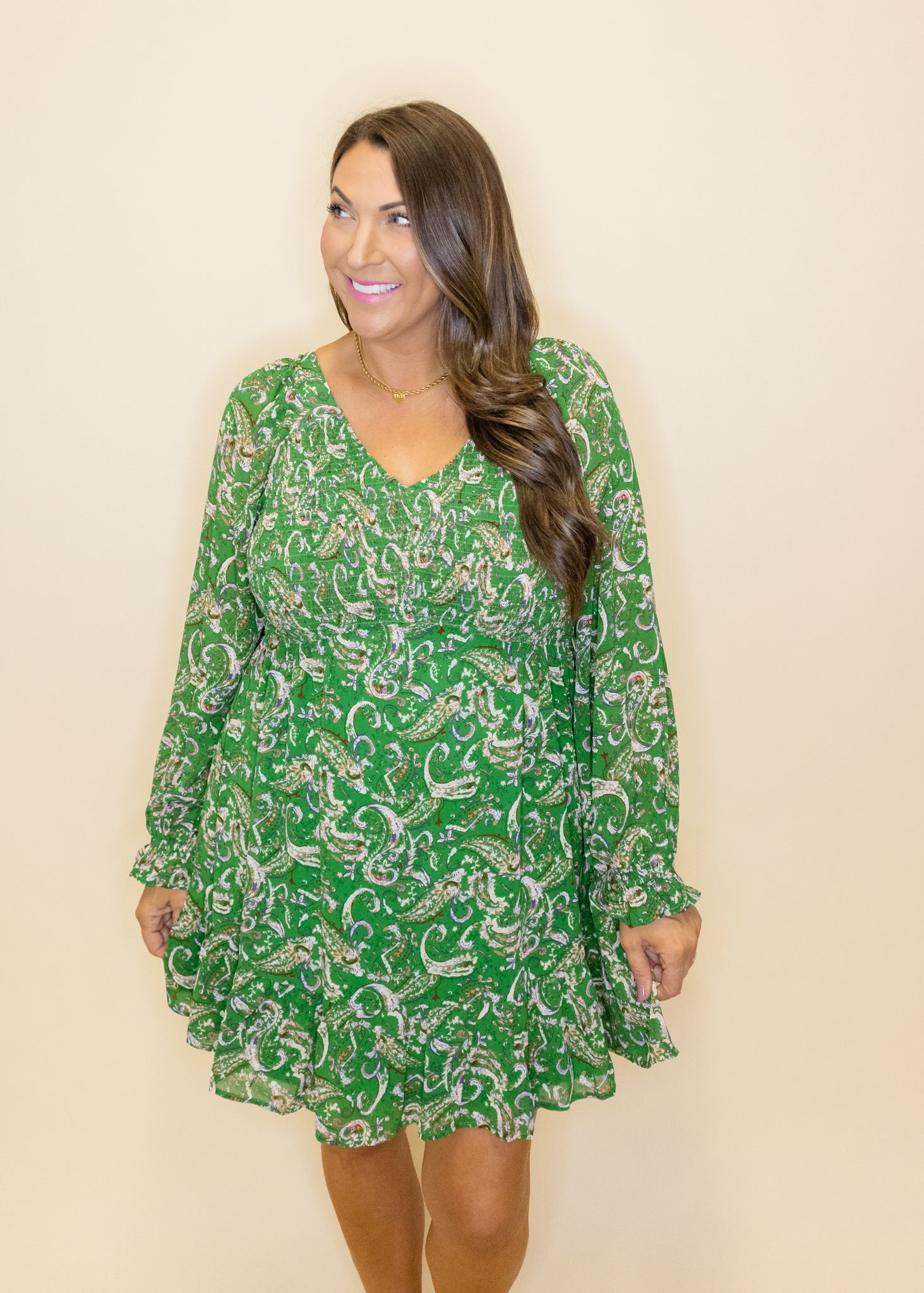 Green Paisley Smocked Dress