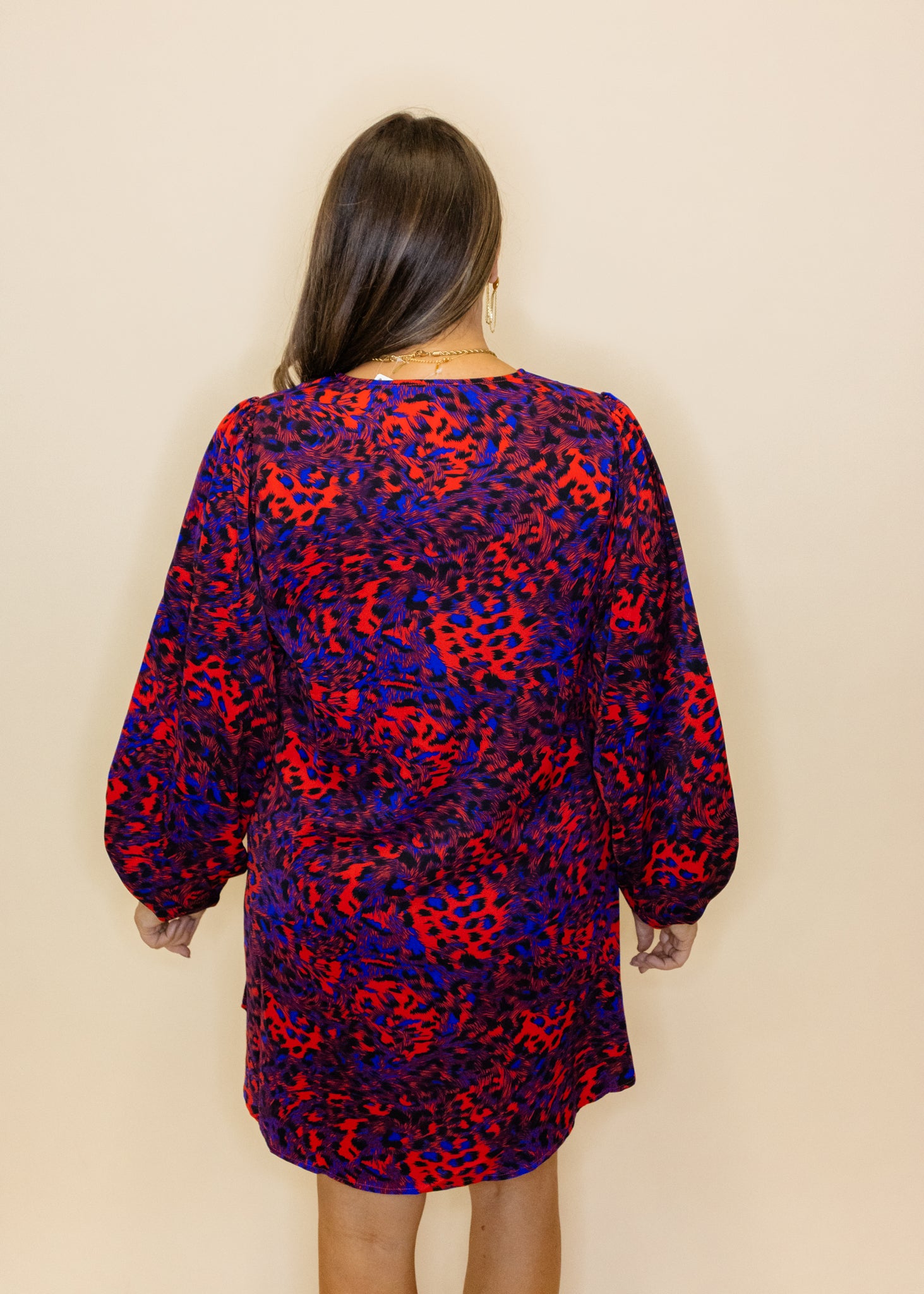 Red Multi Leopard Balloon Sleeve Dress