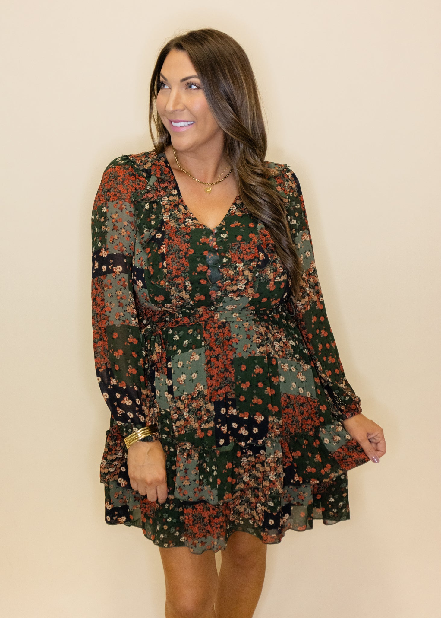 Olive Floral Chiffon Dress