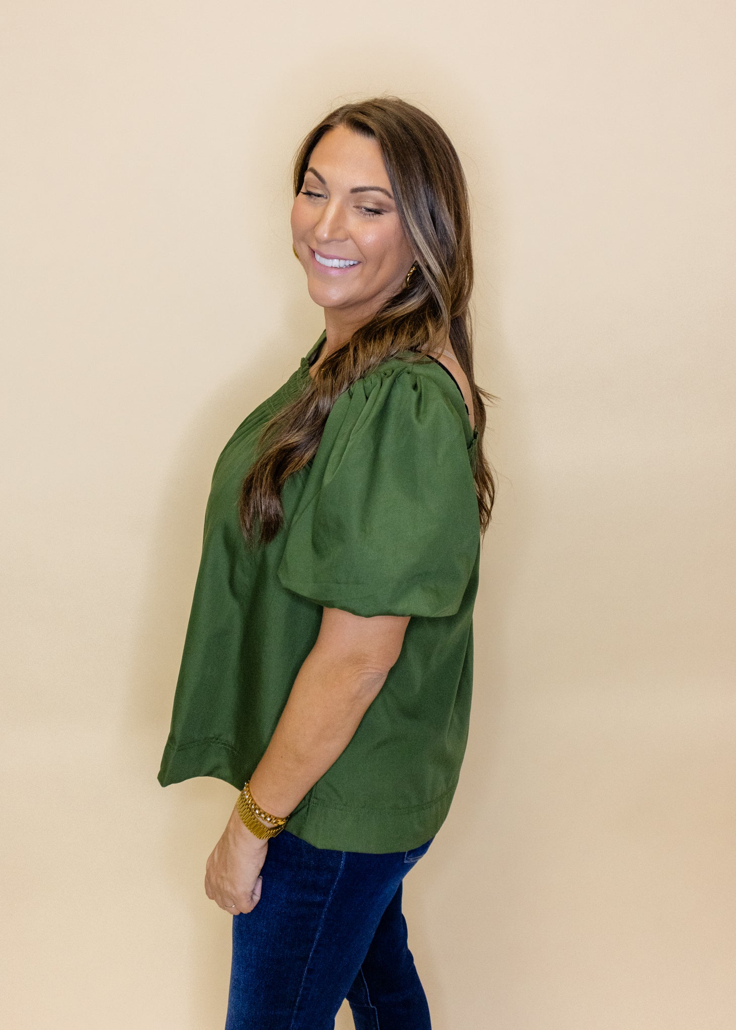 Green Smocked Puff Sleeve Top