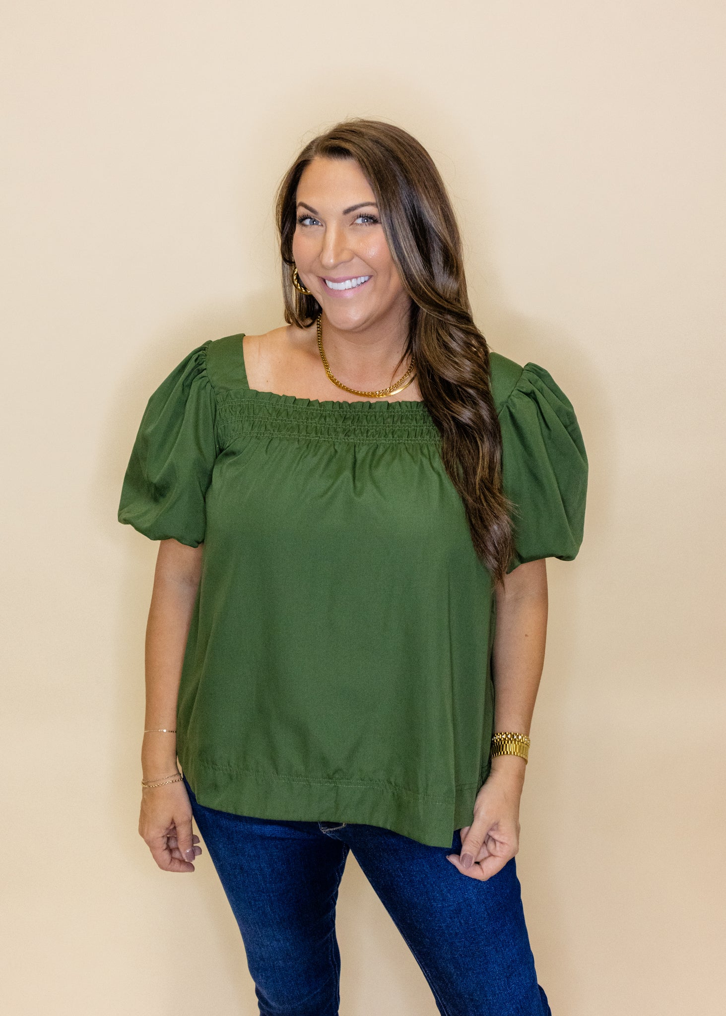 Green Smocked Puff Sleeve Top