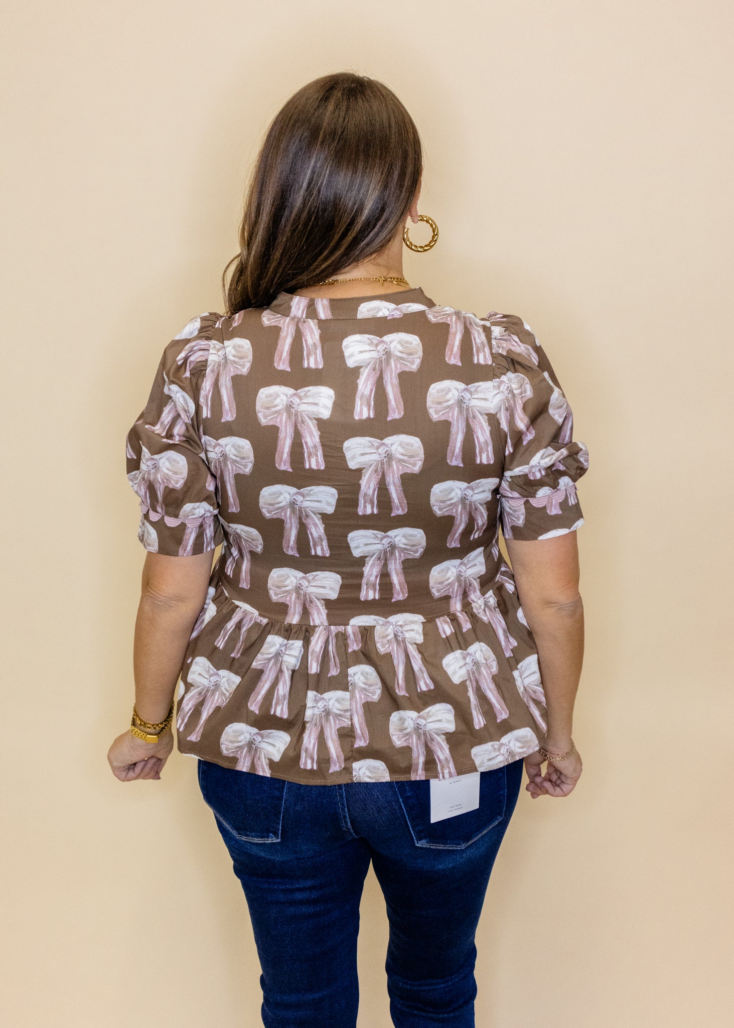 Brown & Pink Bow Print Top