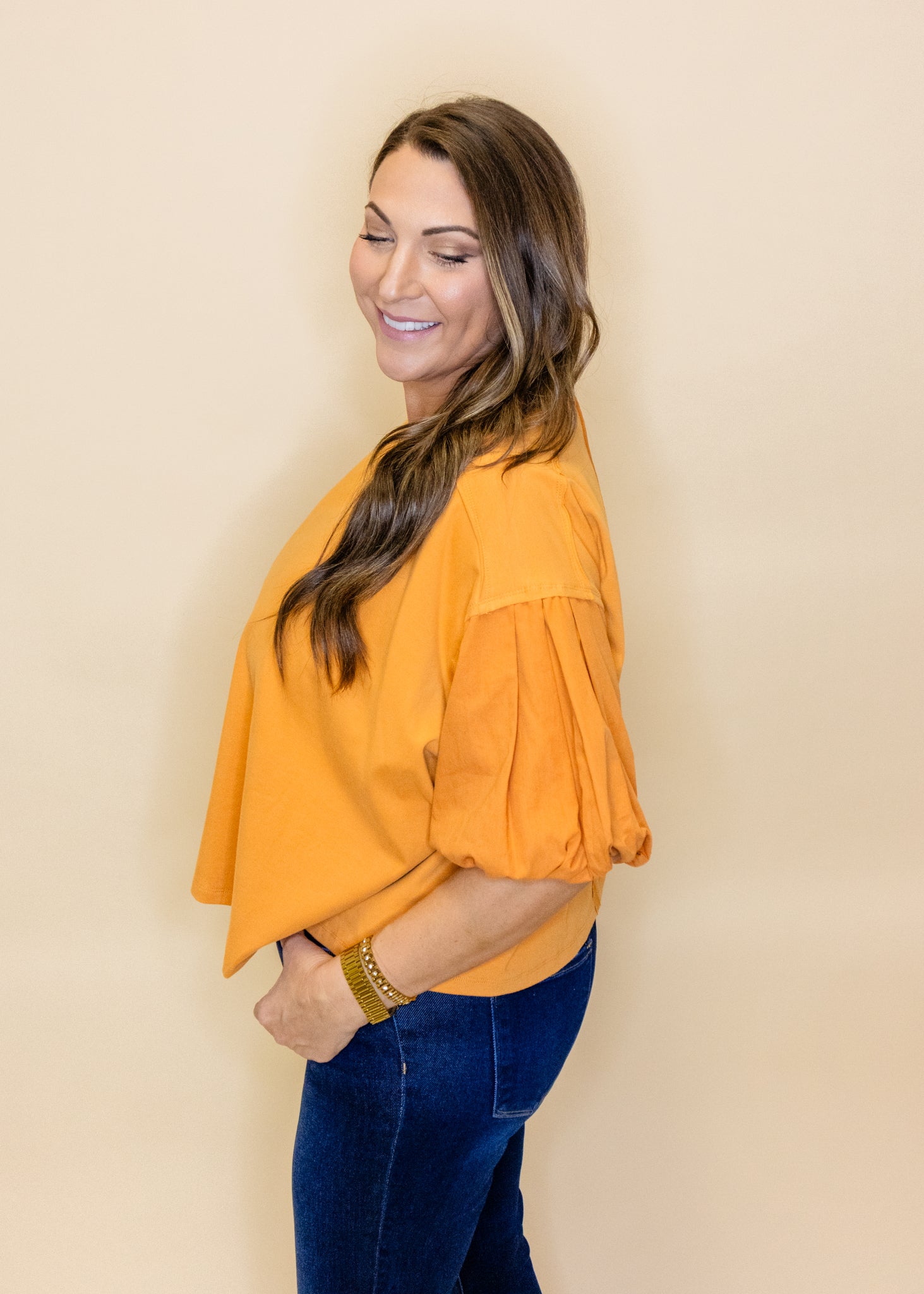 Pumpkin Balloon Sleeve Detail Top