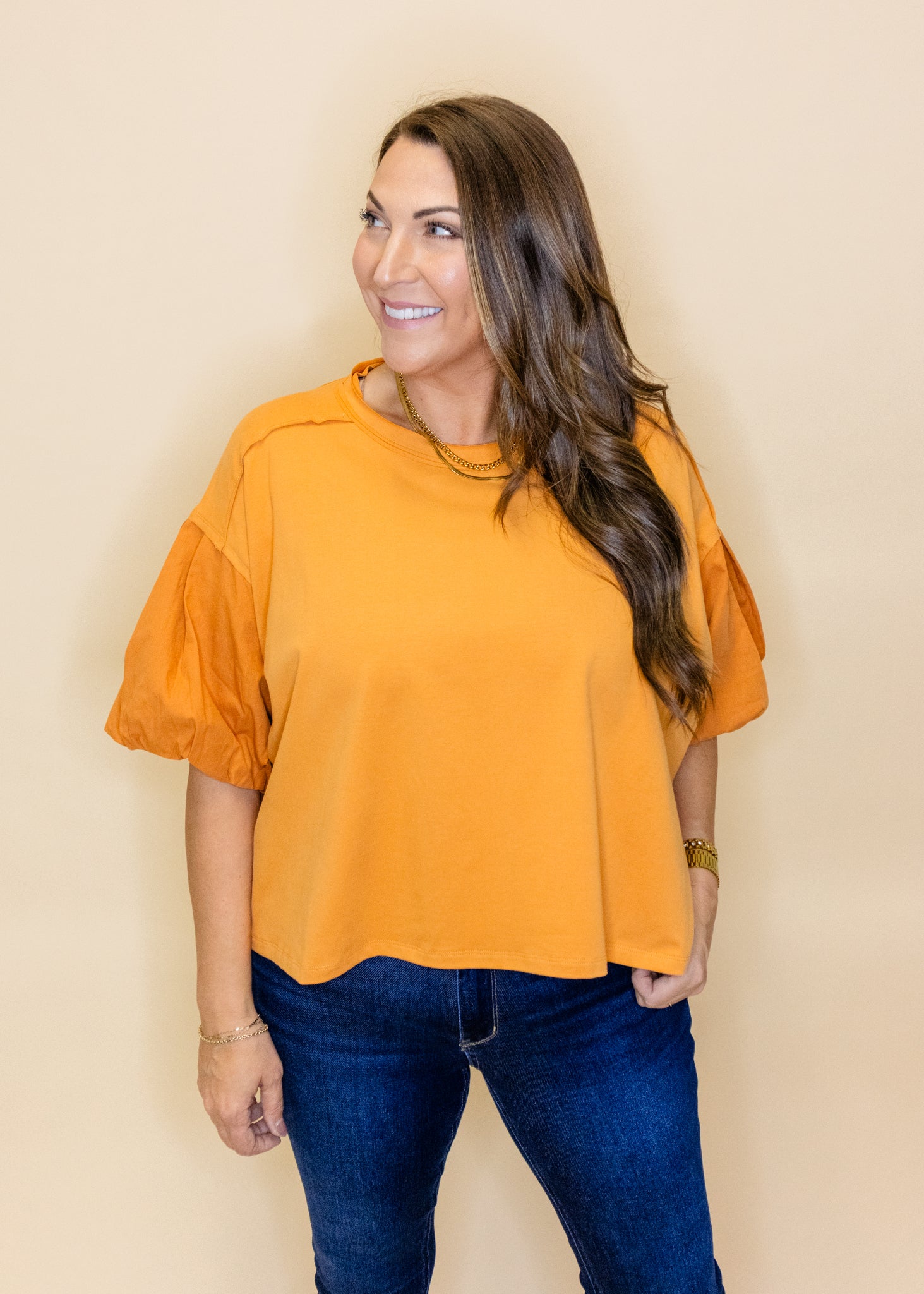 Pumpkin Balloon Sleeve Detail Top