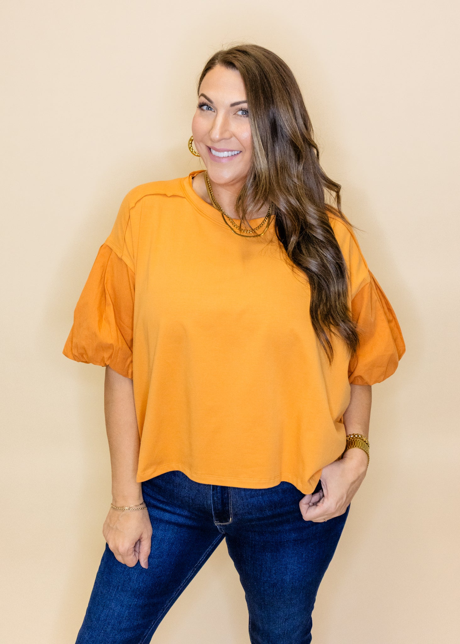 Pumpkin Balloon Sleeve Detail Top