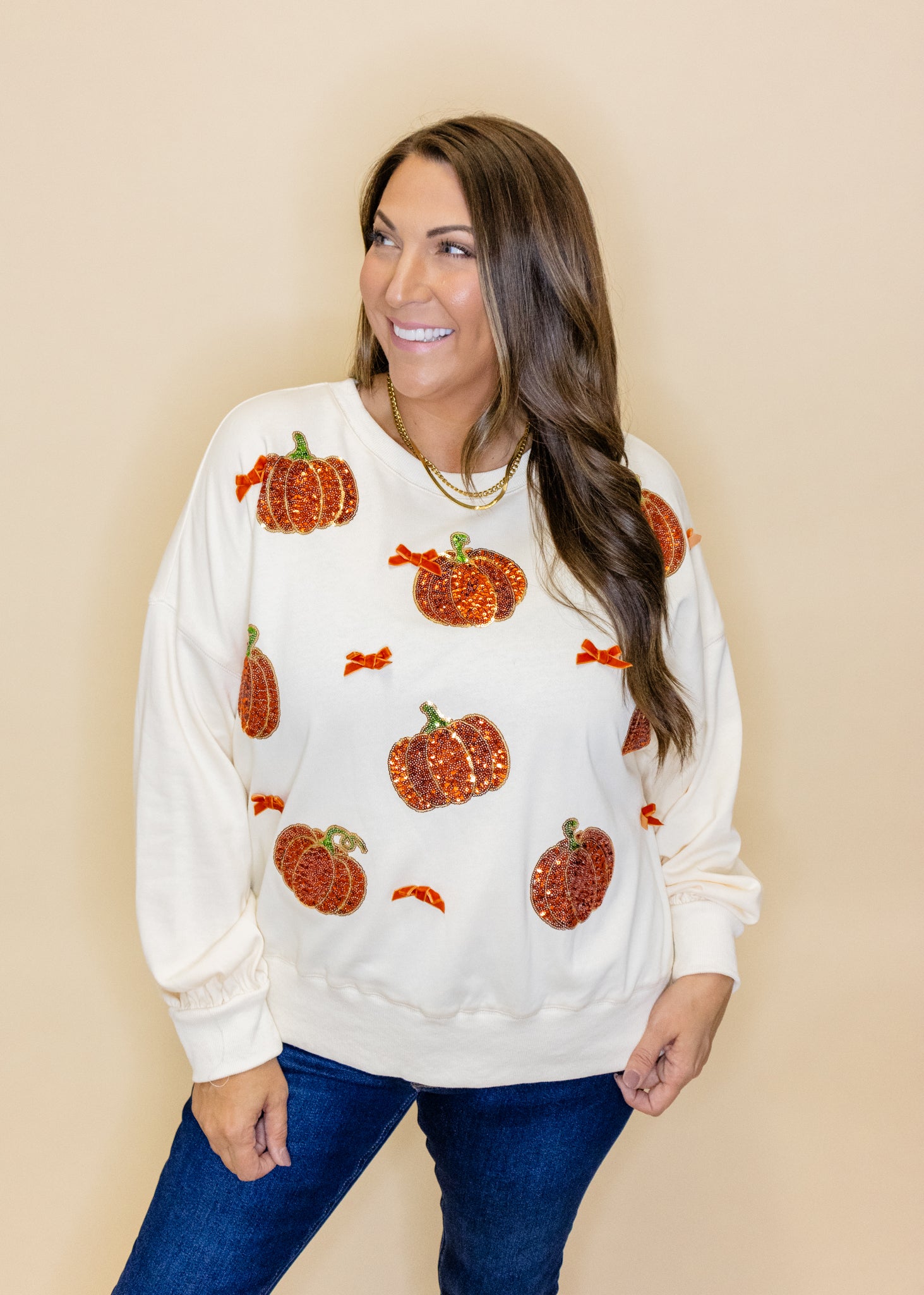 Cream Sequin Pumpkin Sweatshirt