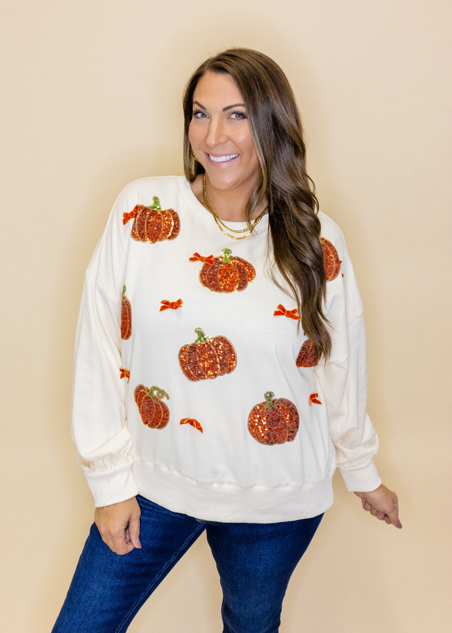 Cream Sequin Pumpkin Sweatshirt