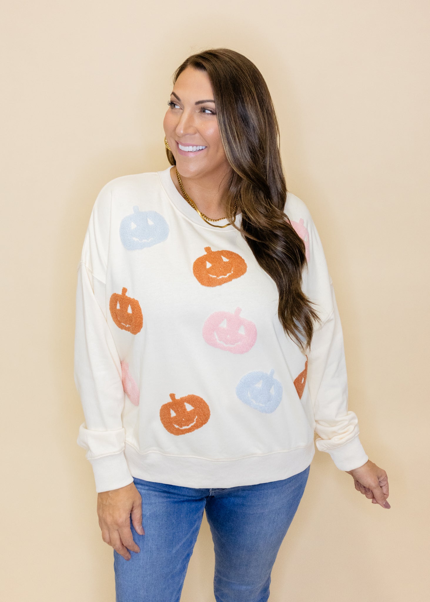 Cream Pumpkin Embroidered Sweatshirt