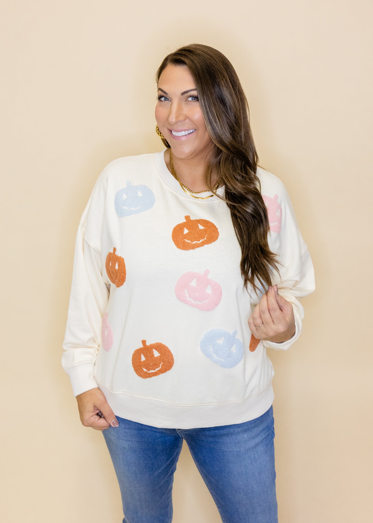 Cream Pumpkin Embroidered Sweatshirt