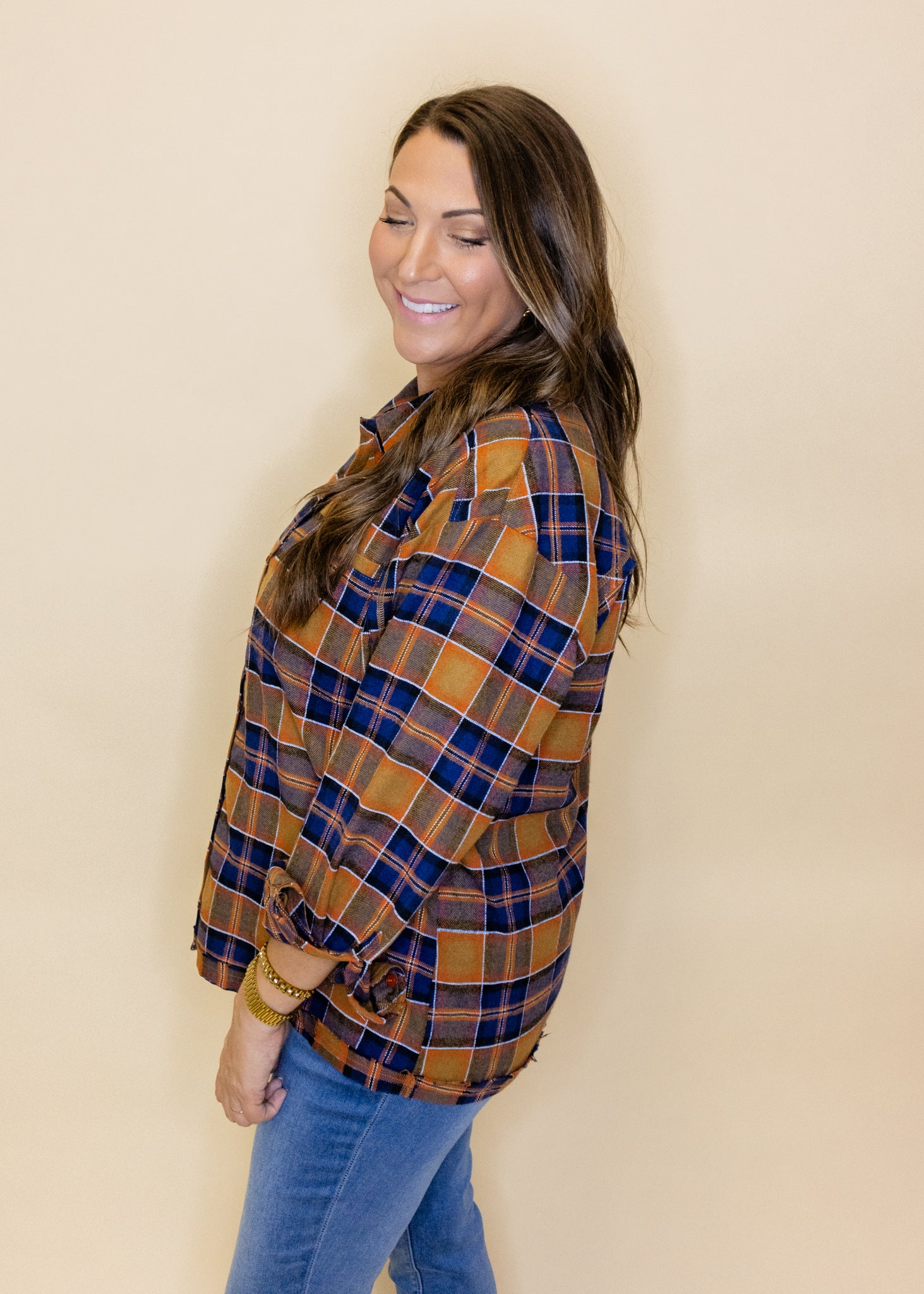 Toffee Plaid Button Up Top