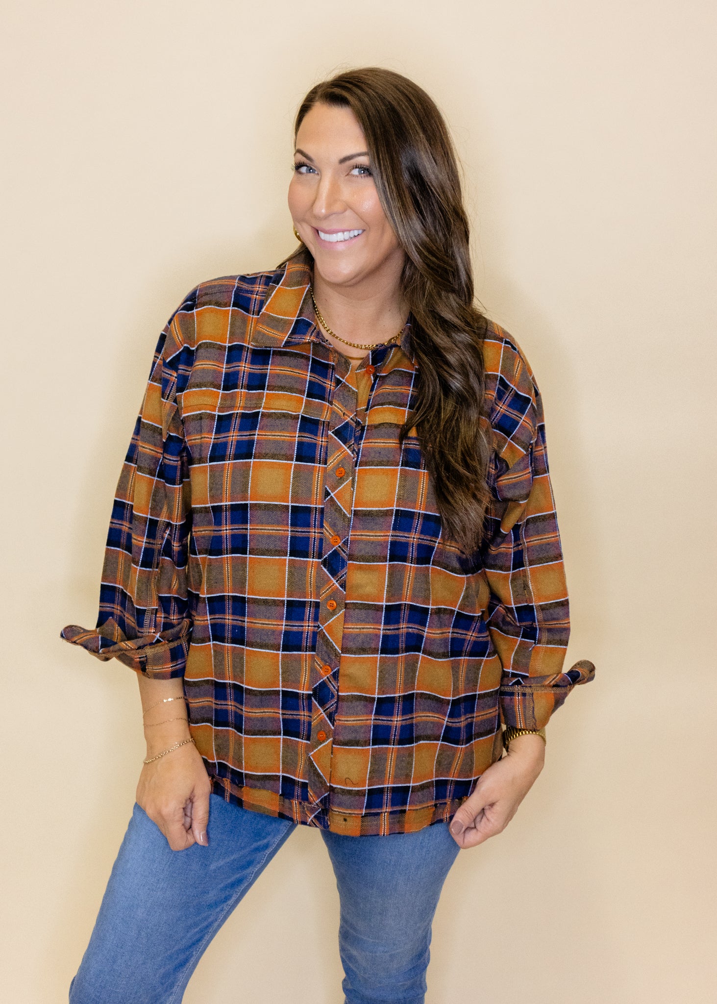 Toffee Plaid Button Up Top