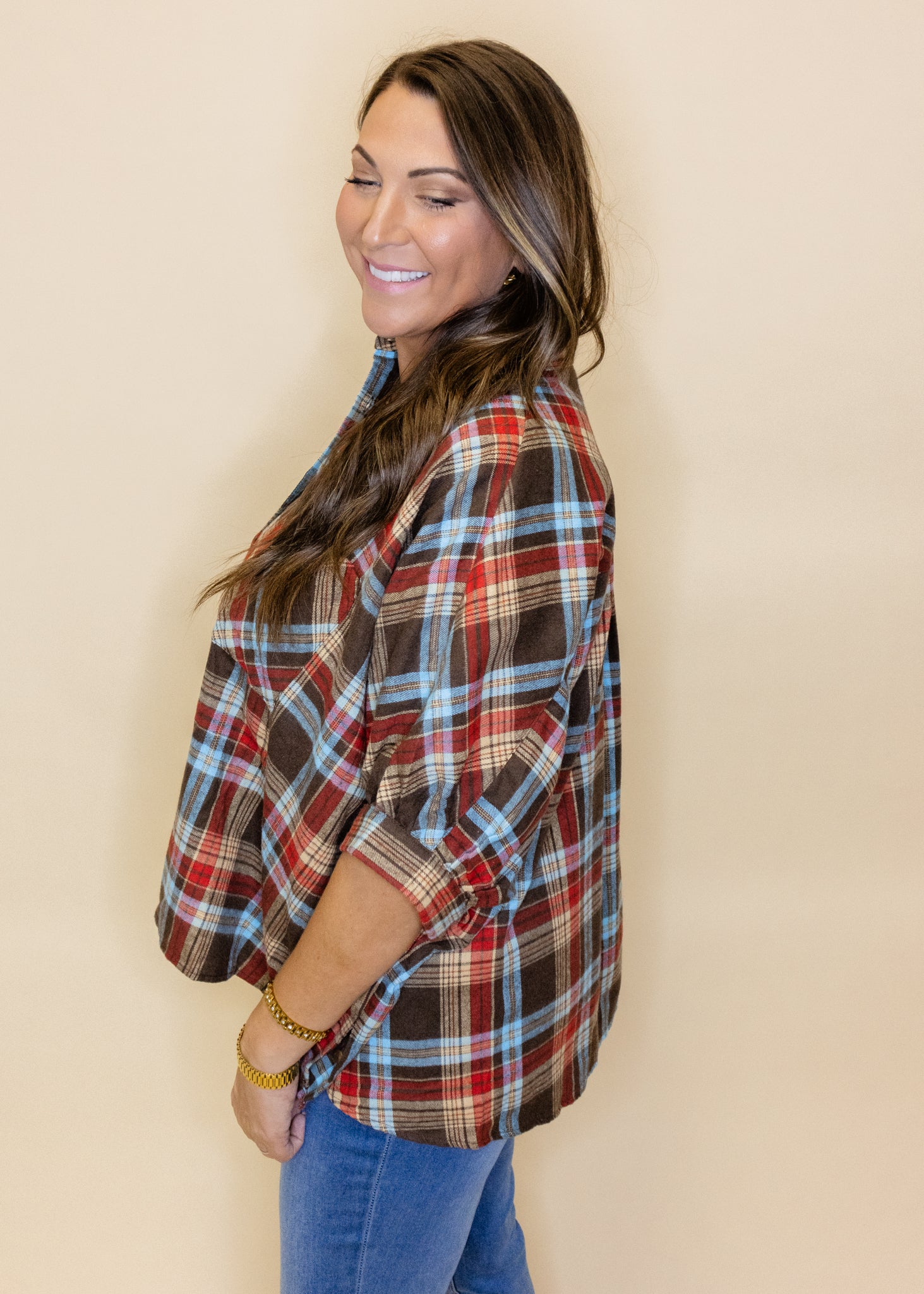 Brown Plaid Pocket Top