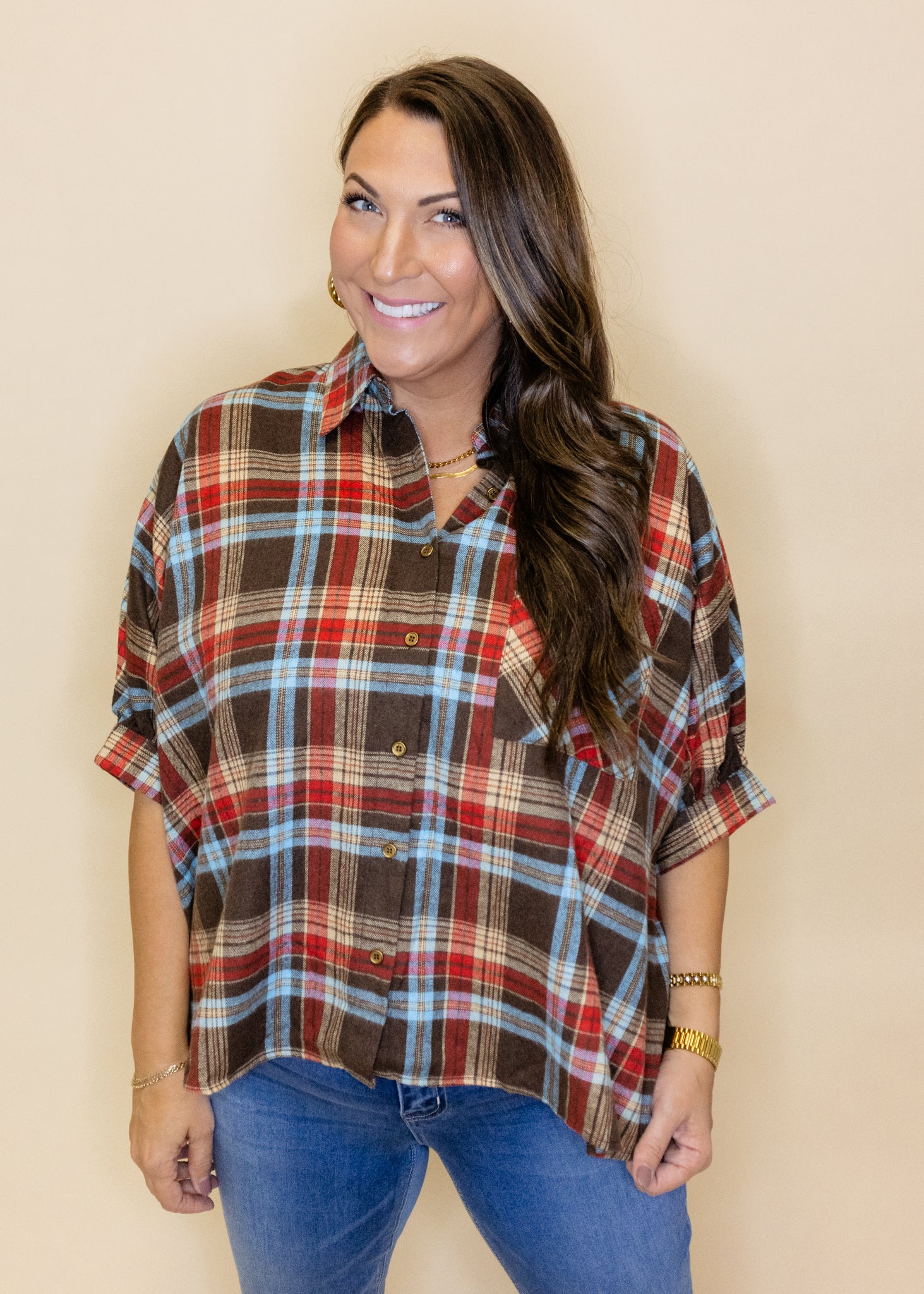 Brown Plaid Pocket Top