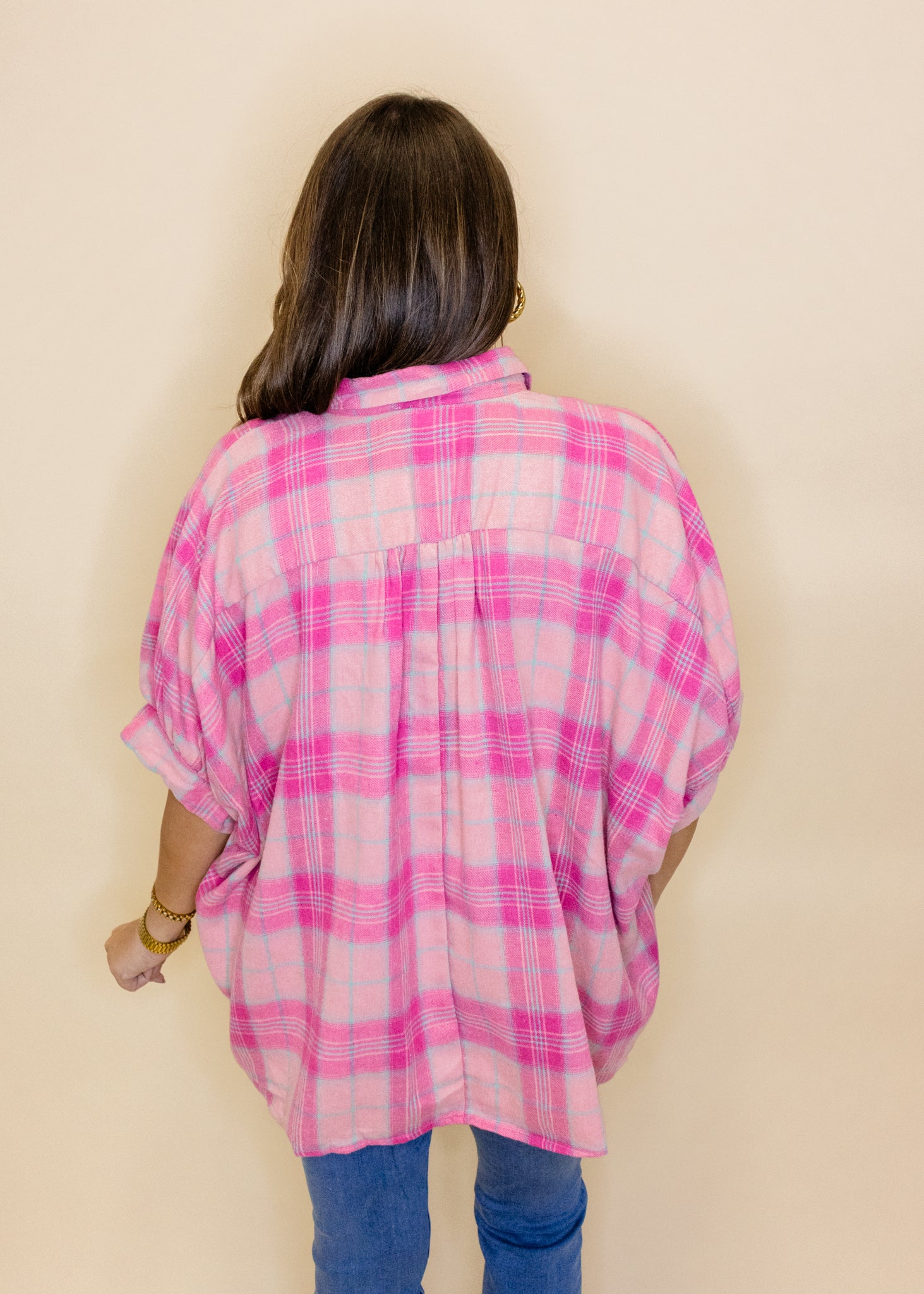 Pink Plaid Button Down Top