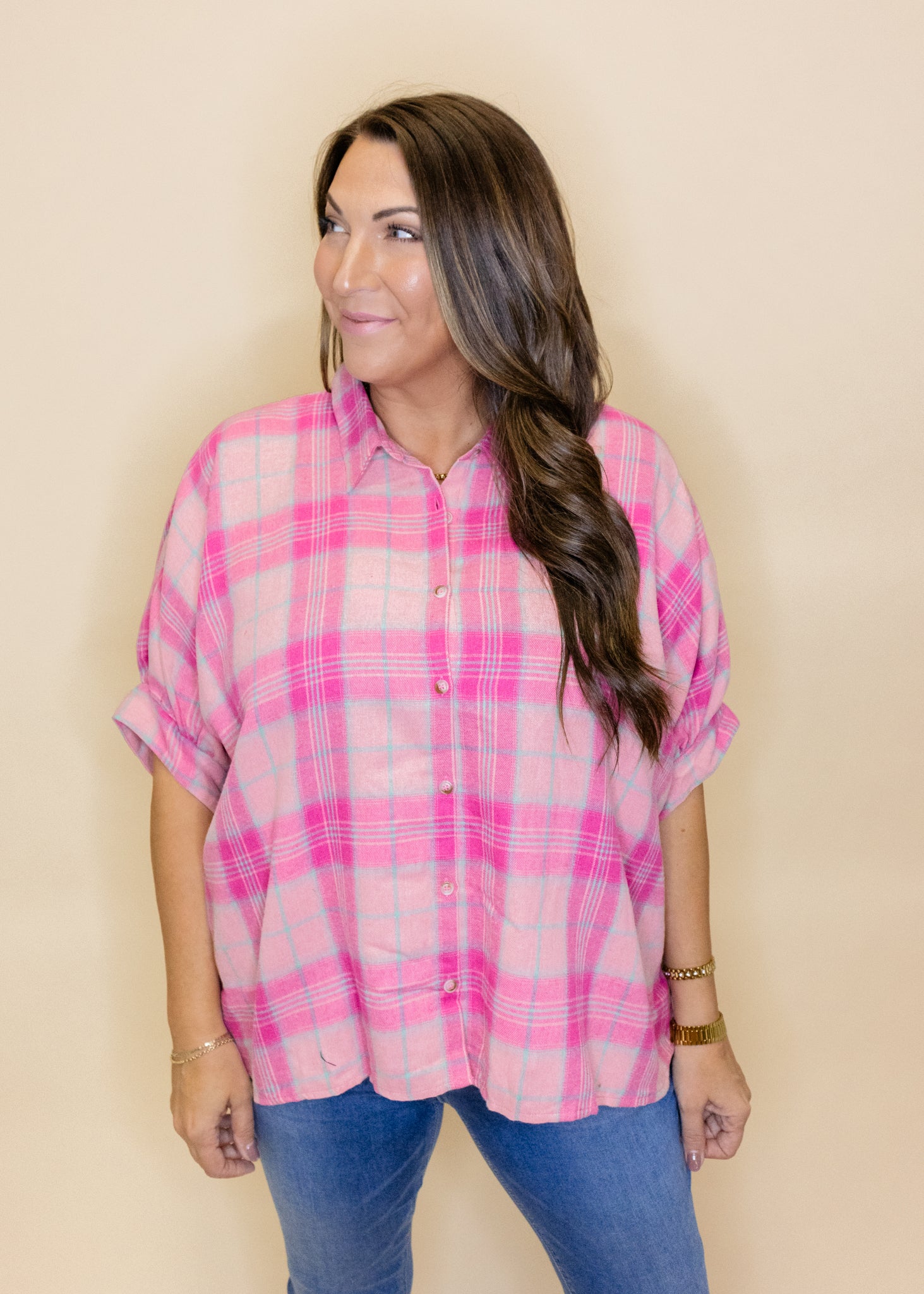 Pink Plaid Button Down Top