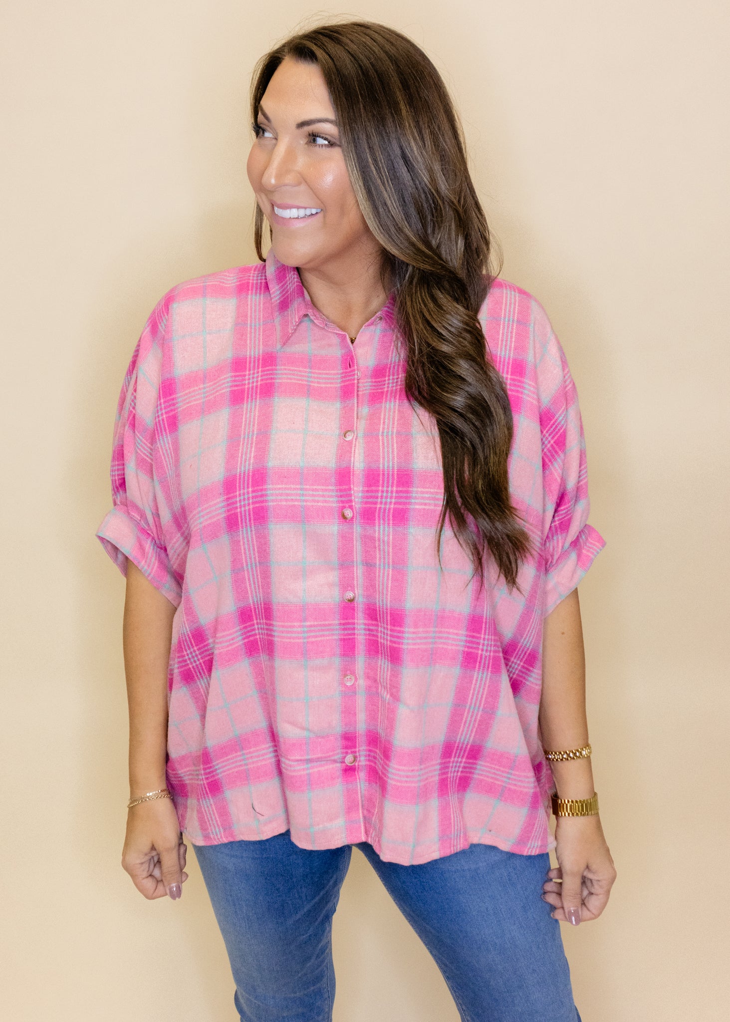 Pink Plaid Button Down Top