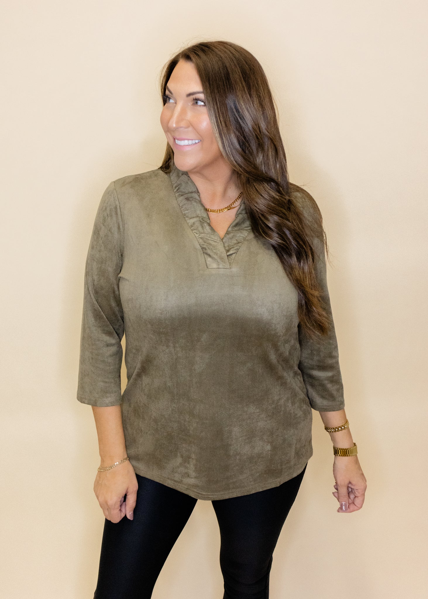 Olive Tabatha Ruffle Neck Top