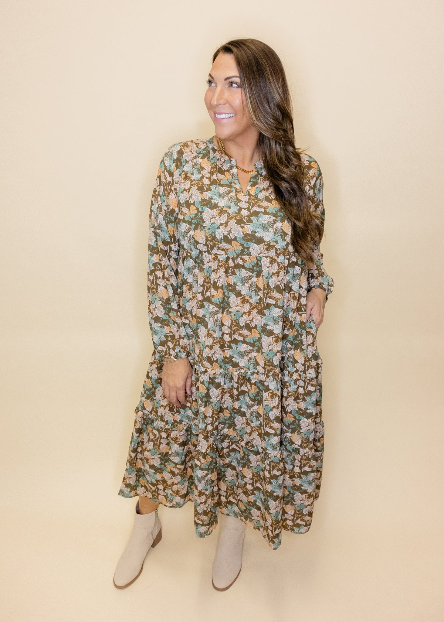 Brown Floral Chiffon Midi Dress